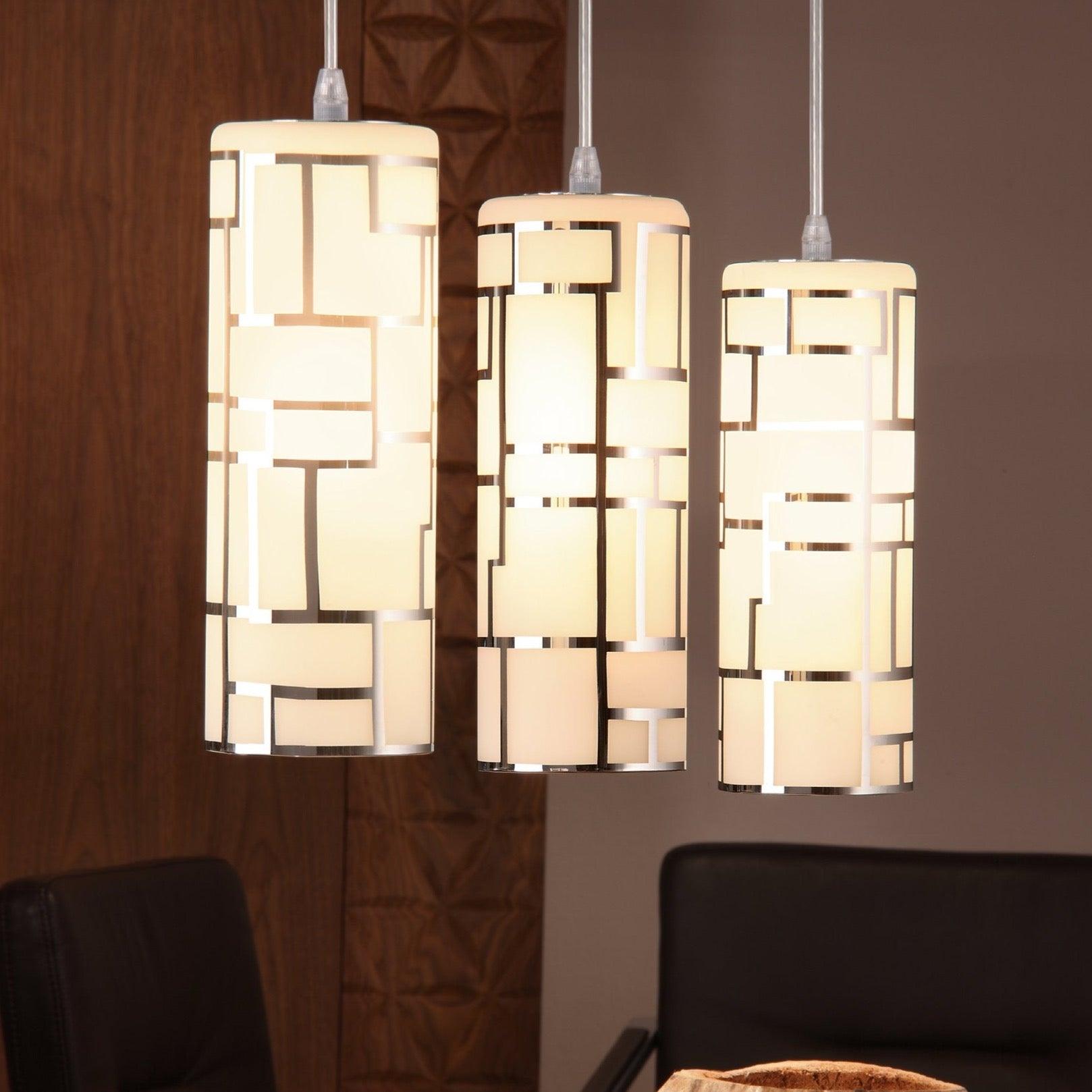 eglo bayman 3 light bar pendant chrome plates white glass shades living room image