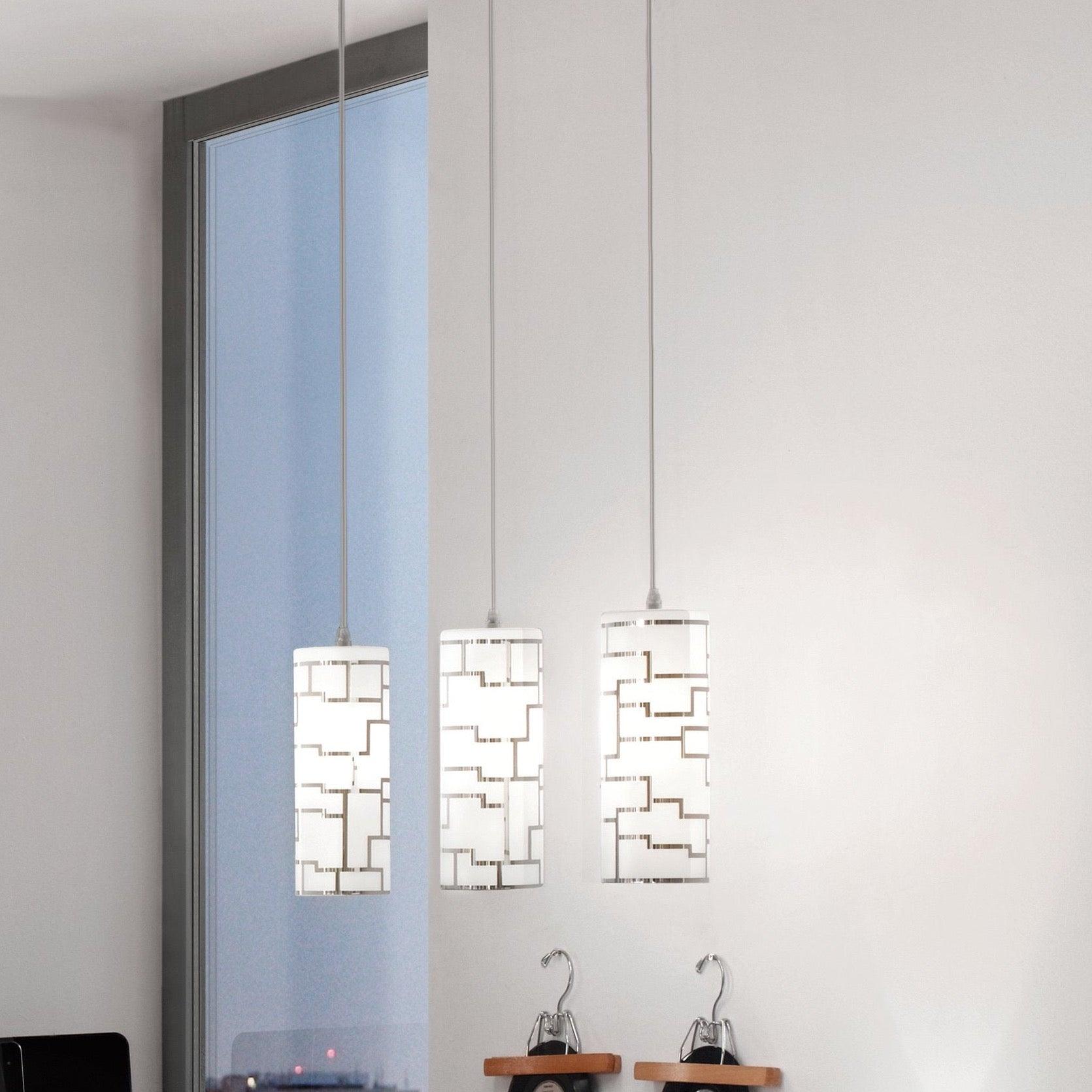 eglo bayman 3 light bar pendant chrome plates white glass shades living room close up
