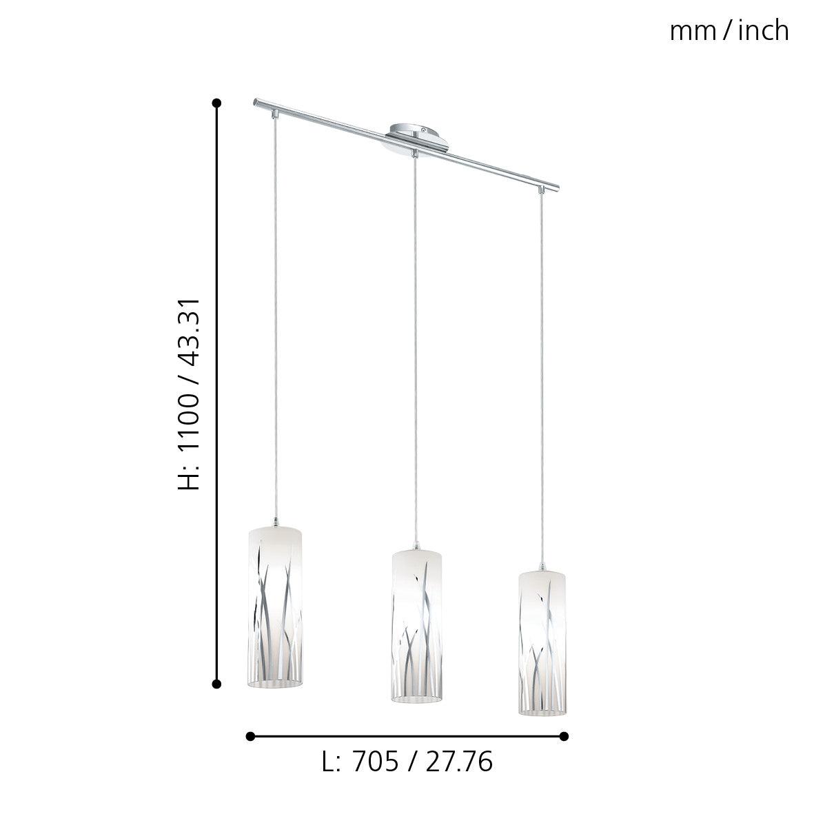 Eglo Rivato 3 Light Bar Chrome Pendant - White Glass Shades-clearance