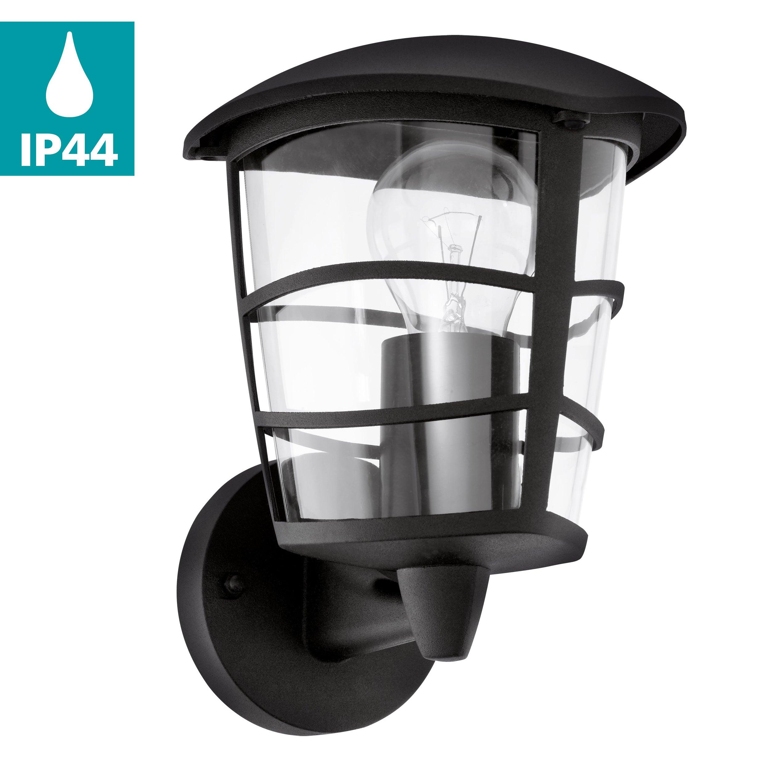 eglo aloria black ip44 upright lantern outdoor wall light living room close up