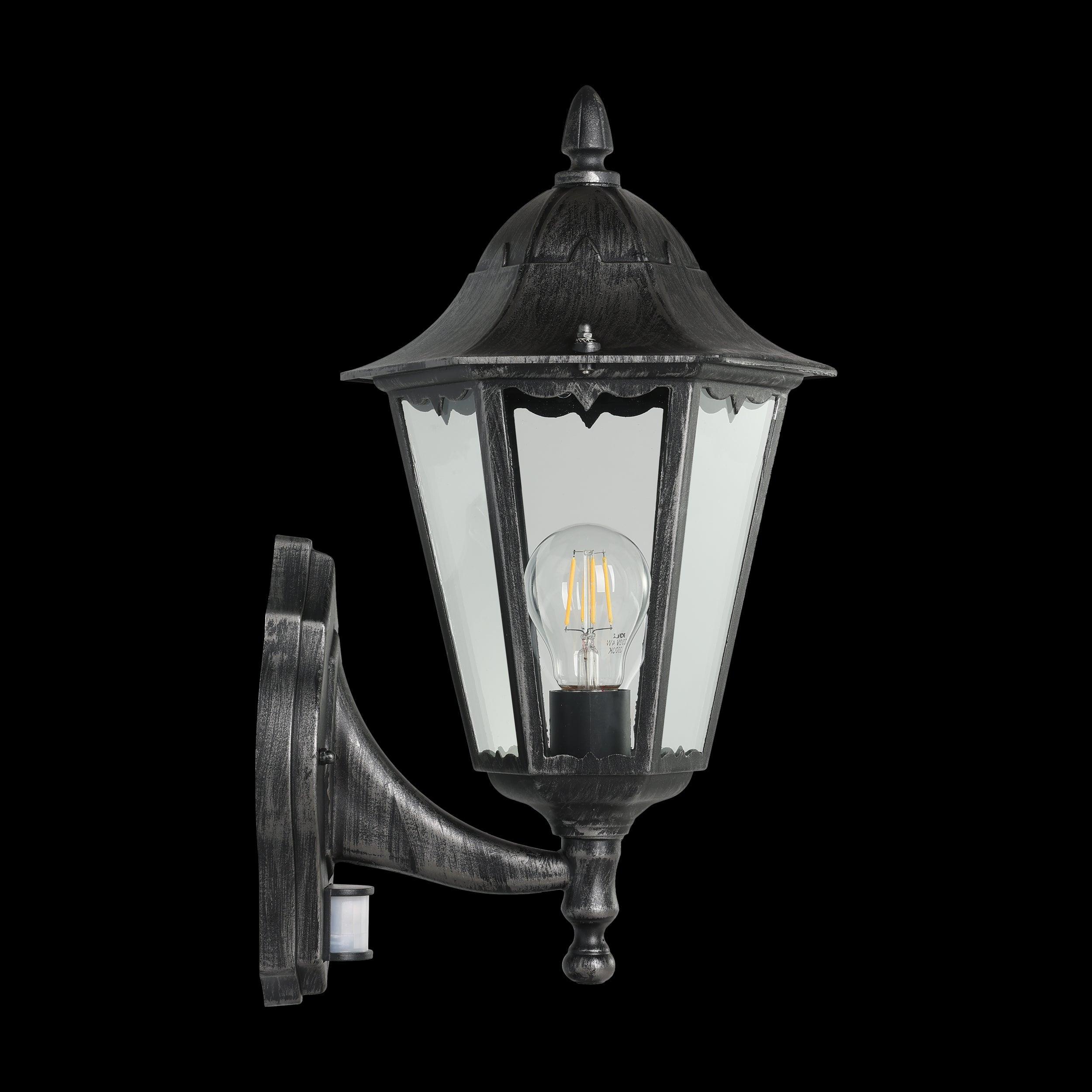 Eglo Navedo IP44 Black & Silver PIR Upright Lantern Wall Light-WAREHOUSE-40-200326