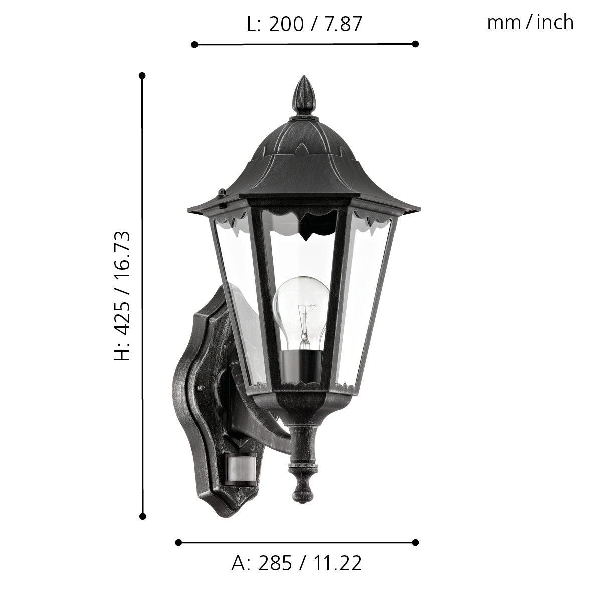 eglo navedo ip44 black silver pir upright lantern wall light living room close up