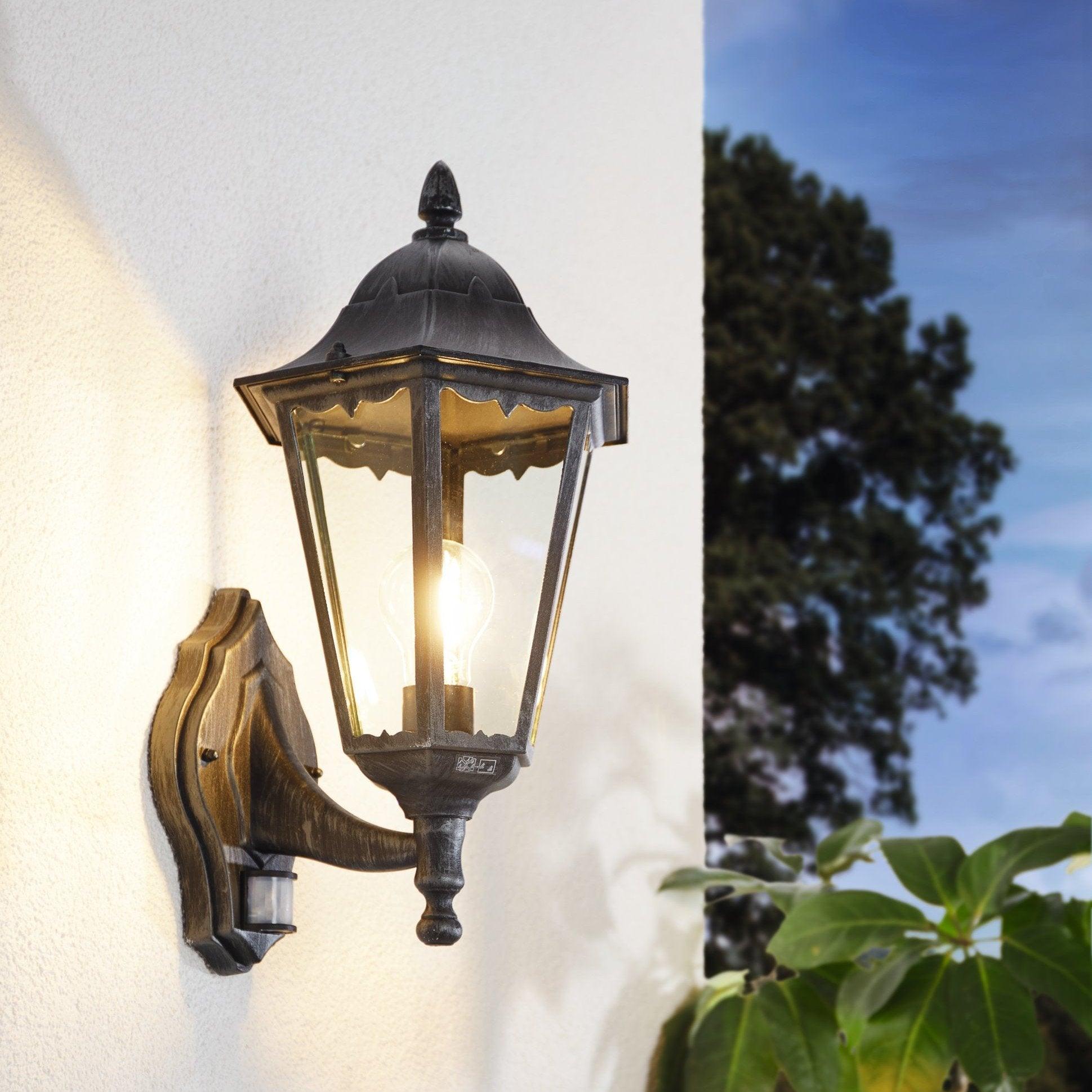 eglo navedo ip44 black silver pir upright lantern wall light