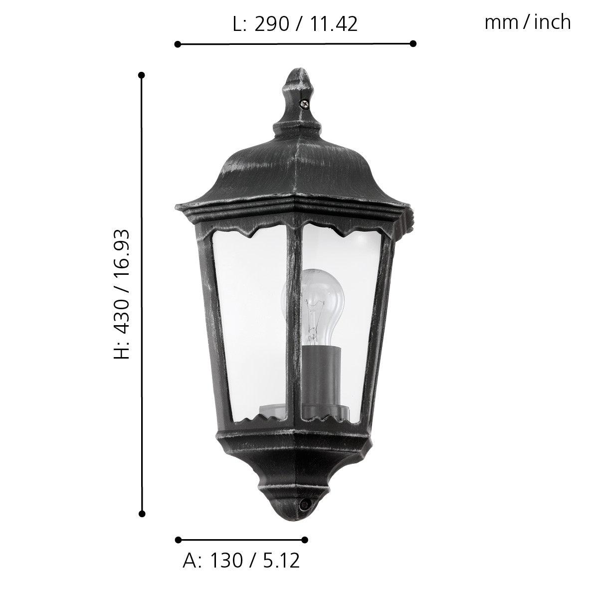 eglo navedo ip44 black silver half lantern outdoor wall light living room close up