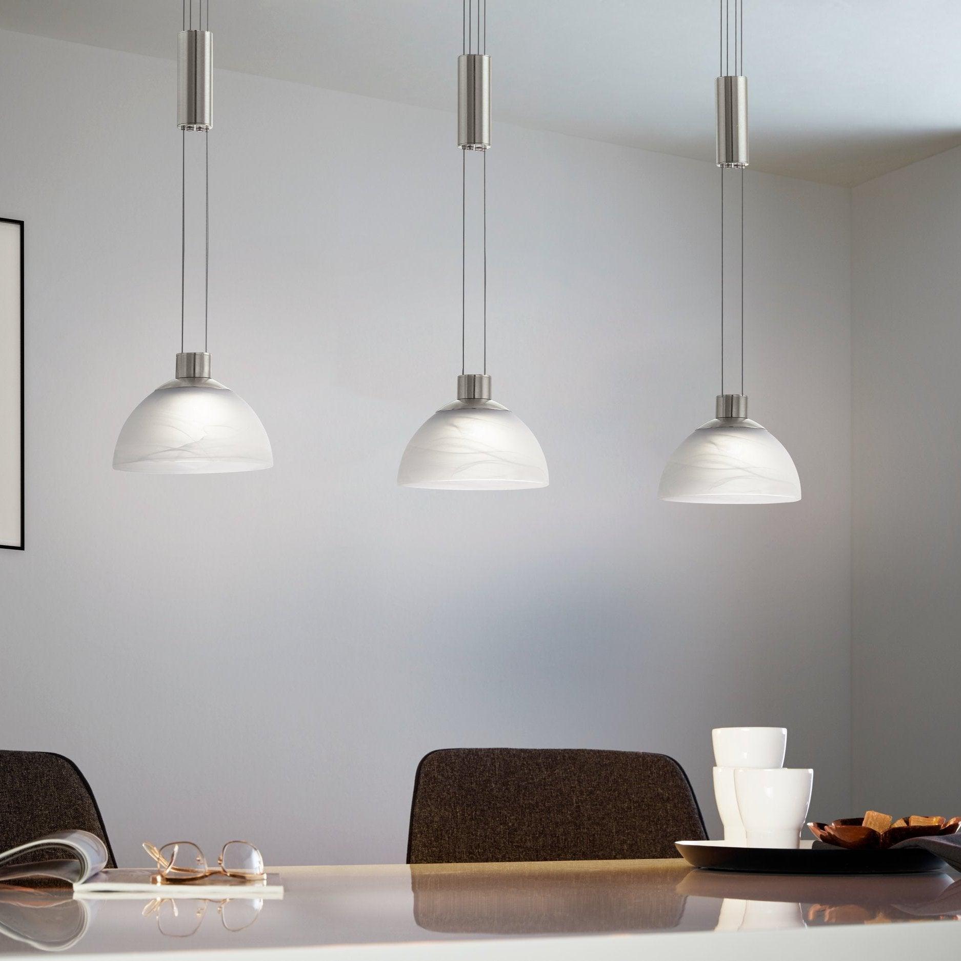 eglo montefio 3 light led bar nickel pendant alabaster glass shades living room image