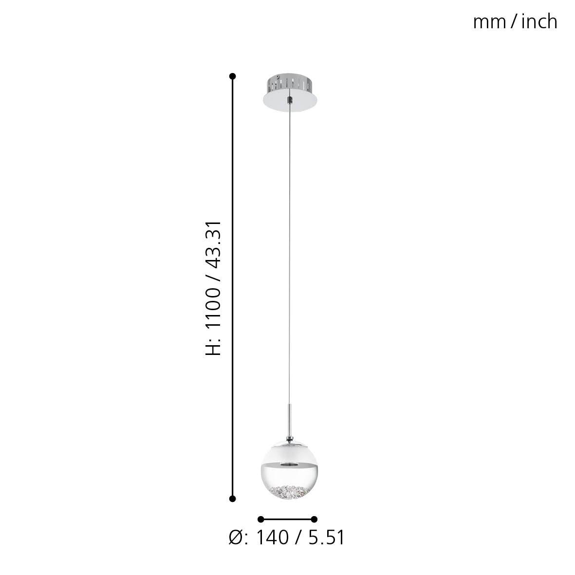 eglo montefio 1 led chrome pendant with spherical glass shade living room close up