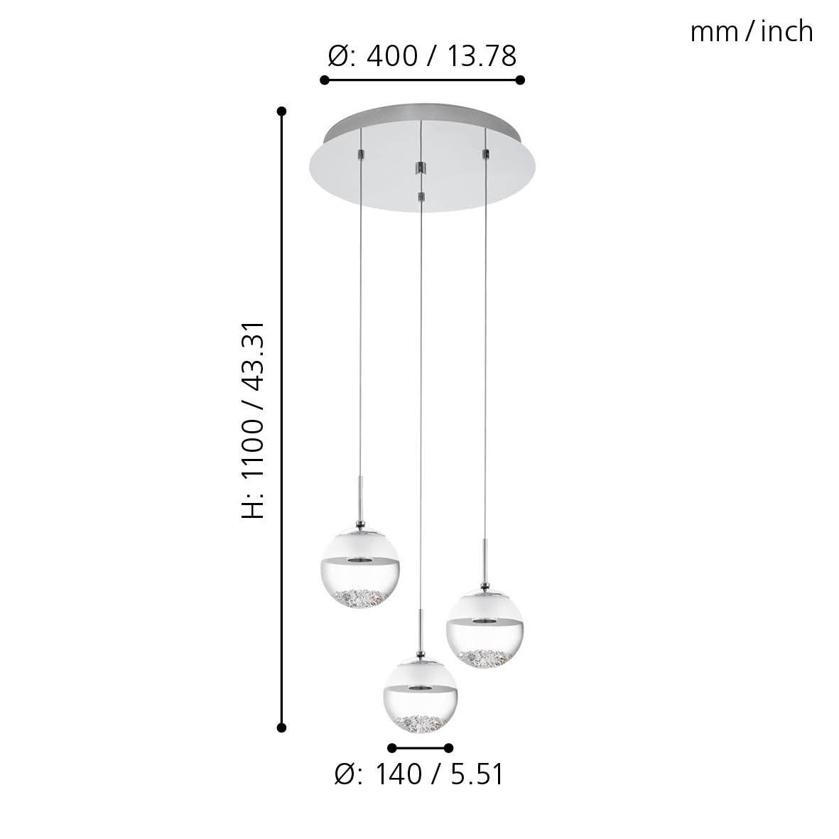 eglo montefio 1 3 light led chrome pendant spherical glass shades living room close up