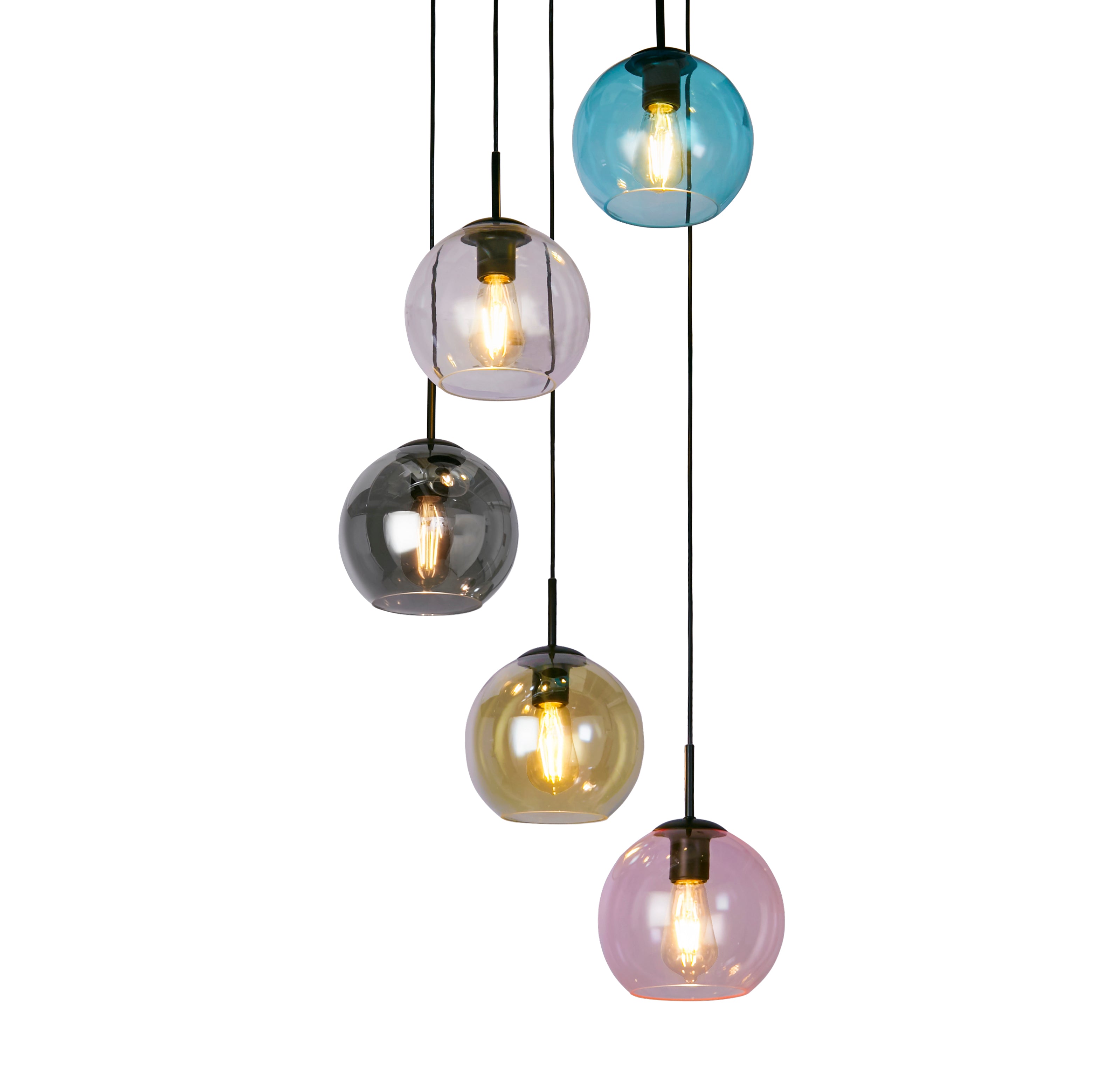 Searchlight Mardi Gras II 5 Light Multi-Drop Black Pendant - Coloured Glass Shades
