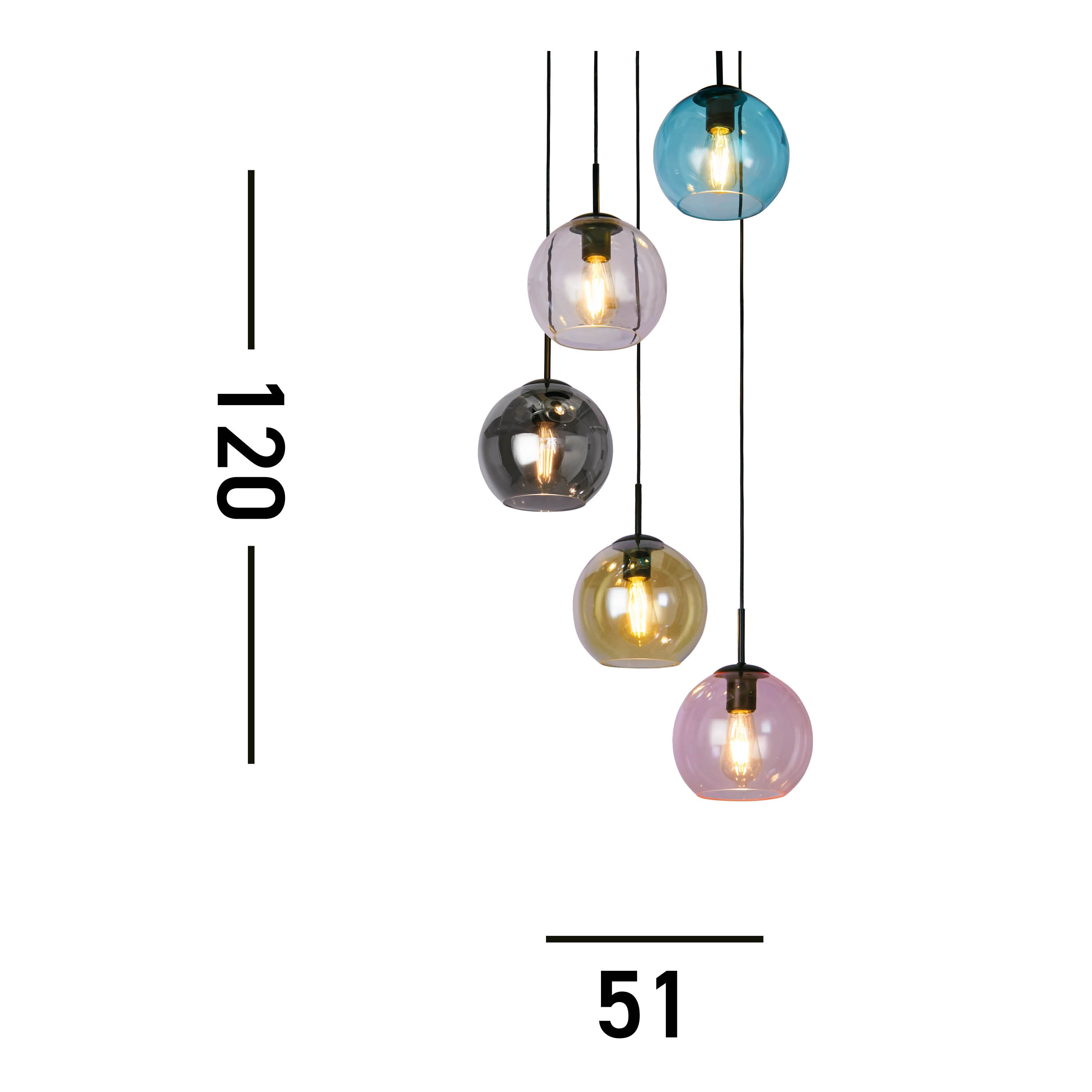 Searchlight Mardi Gras II 5 Light Multi-Drop Black Pendant - Coloured Glass Shades
