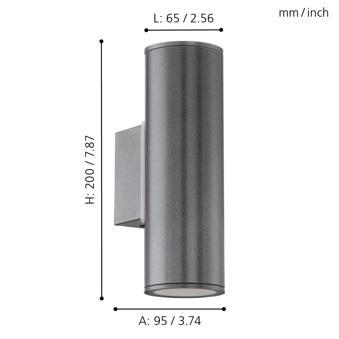 eglo riga grey ip44 up down outdoor wall light living room close up
