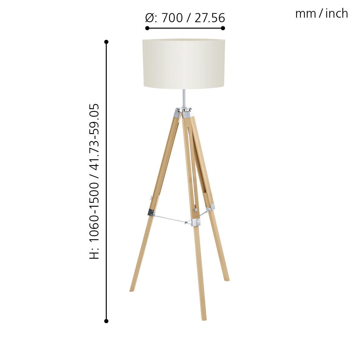 eglo lantada adjustable wooden tripod floor lamp beige fabric shade living room close up