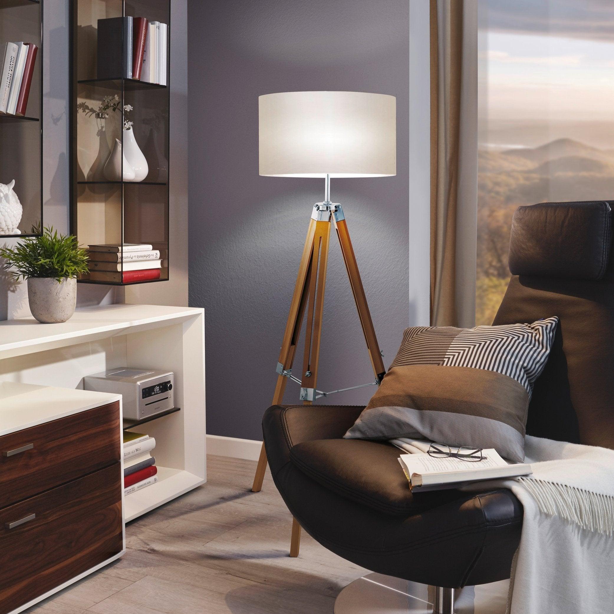 eglo lantada adjustable wooden tripod floor lamp beige fabric shade