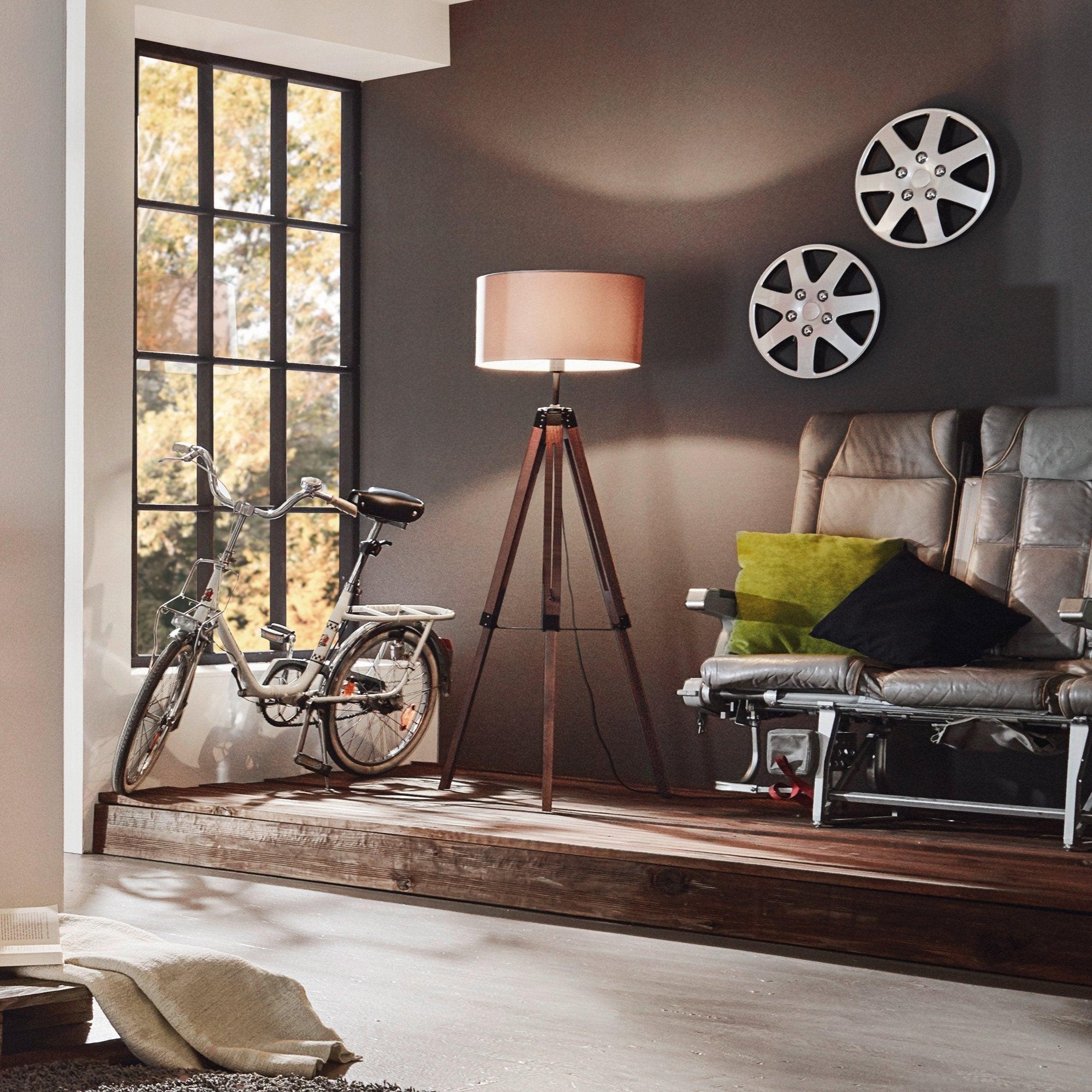 eglo lantada adjustable wood tripod floor lamp taupe fabric shade