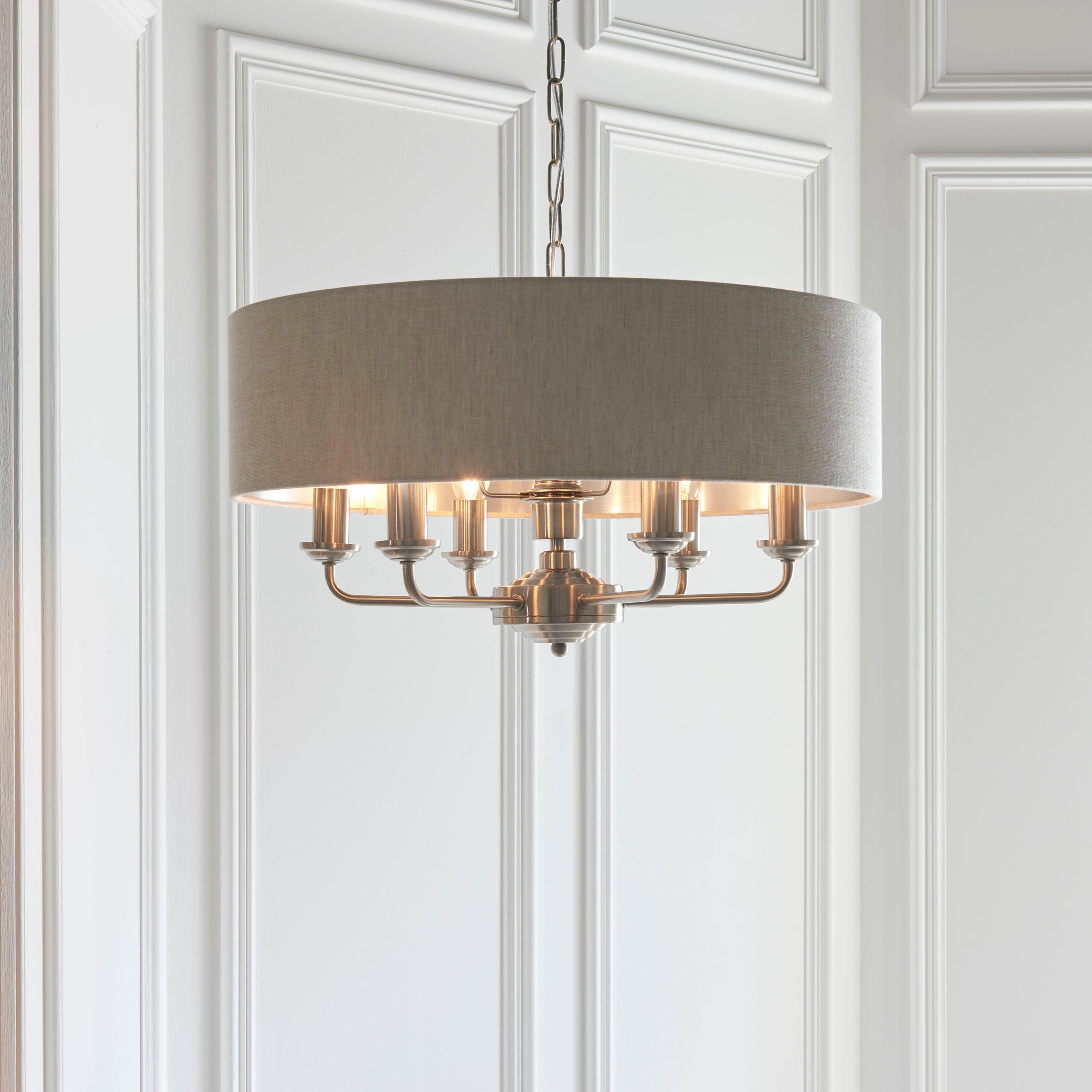Highclere Brushed Chrome with Linen shade 6 Light Pendant-Ceiling Pendant Lights-Endon Lighting living room close. up unlit Tiffany Lighting Direct