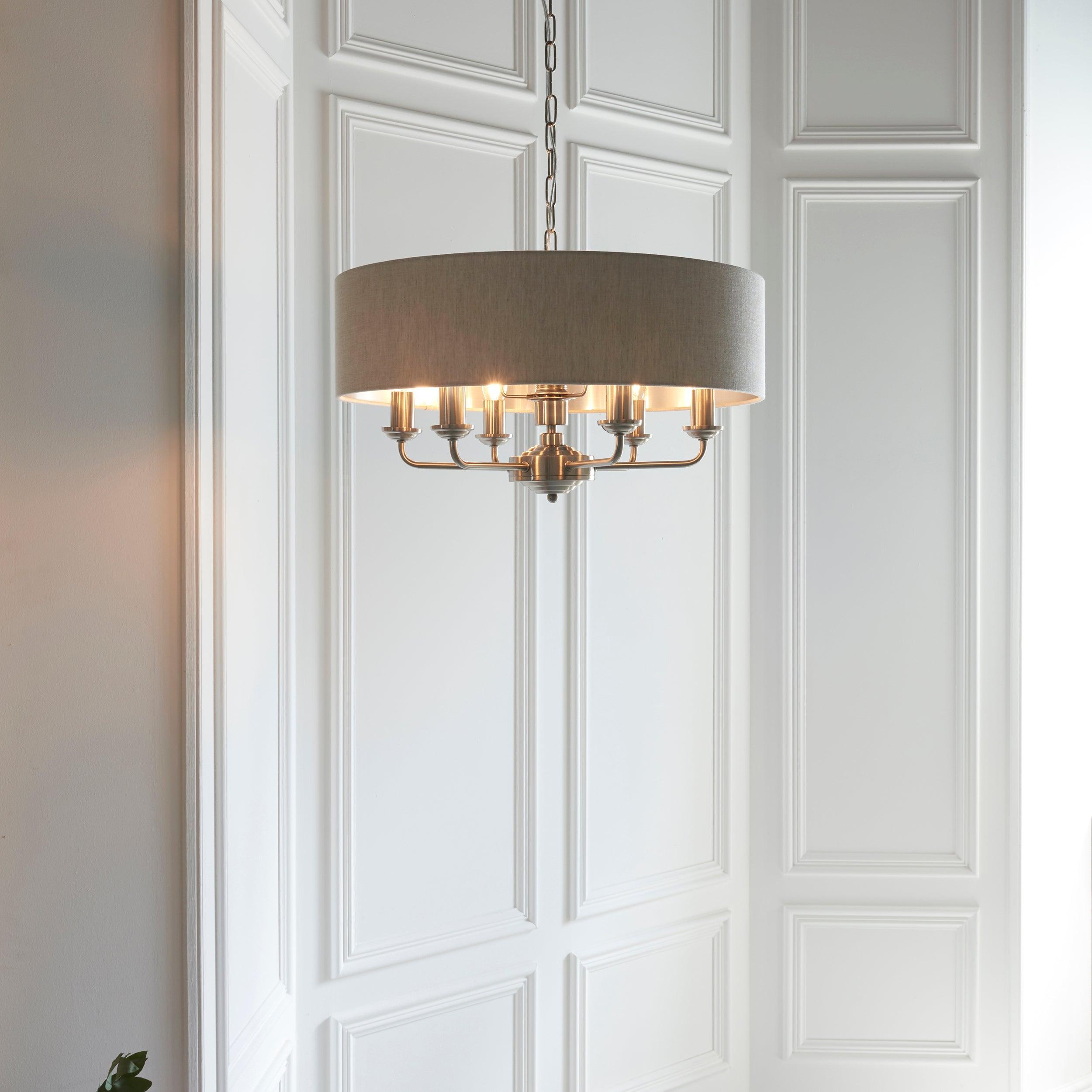 Endon Highclere Brushed Chrome 6 Light Pendant - Natural Linen Shade-OPEN-BOX-50-270826