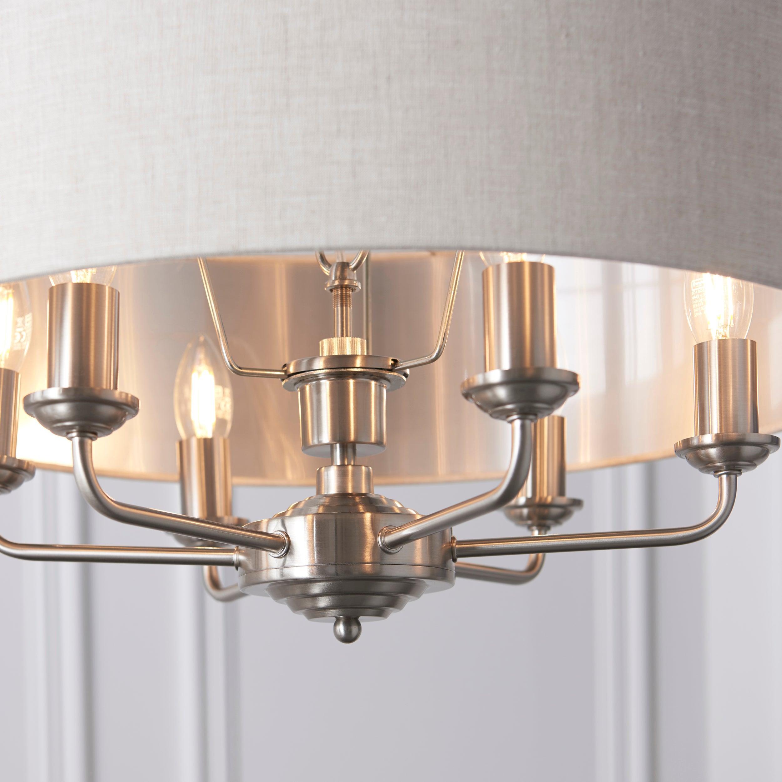 Highclere Brushed Chrome with Linen shade 6 Light Pendant-Ceiling Pendant Lights-Endon Lighting Hallway Lighting Family Image Tiffany Lighting Direct