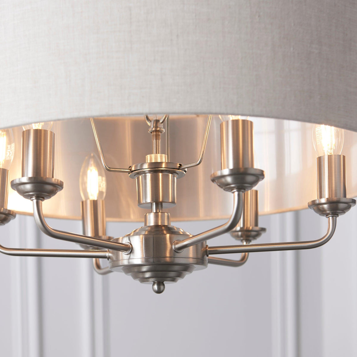 Endon Highclere Brushed Chrome 6 Light Pendant - Natural Linen Shade-OB-180926