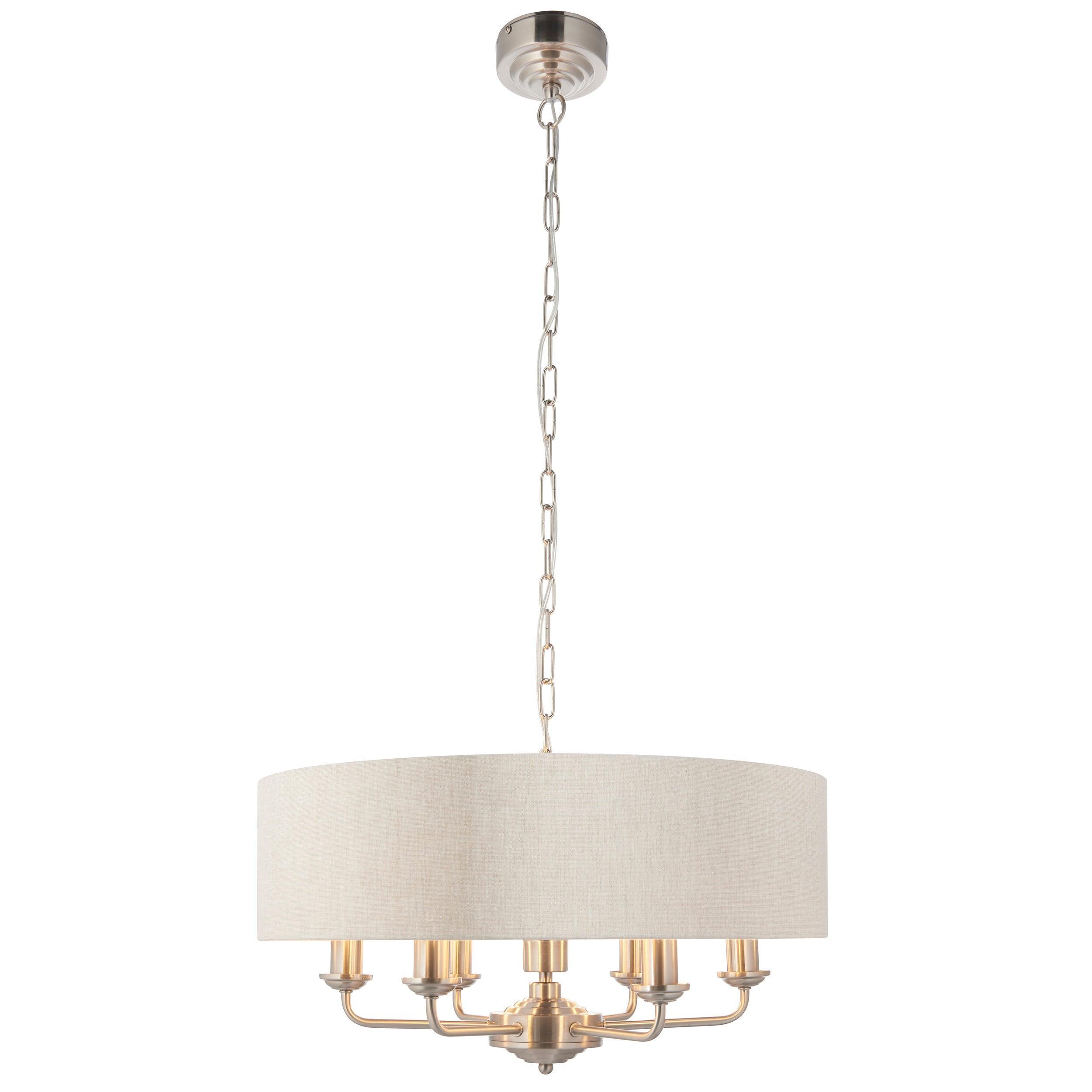 Highclere Brushed Chrome with Linen shade 6 Light Pendant-Ceiling Pendant Lights-Endon Lighting Living room light close up Tiffany Lighting Direct