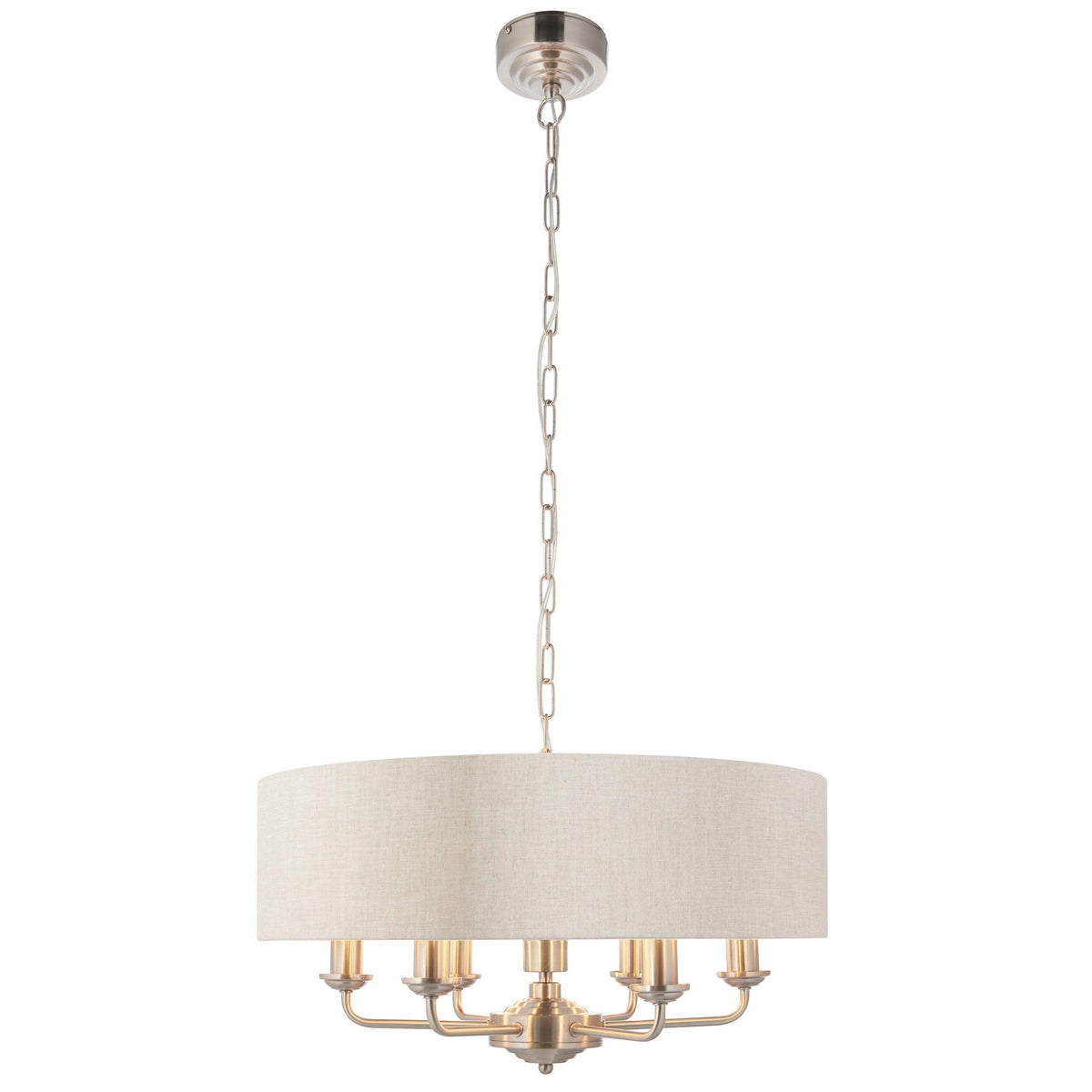 Endon Highclere Brushed Chrome 6 Light Pendant - Natural Linen Shade-OB-180926