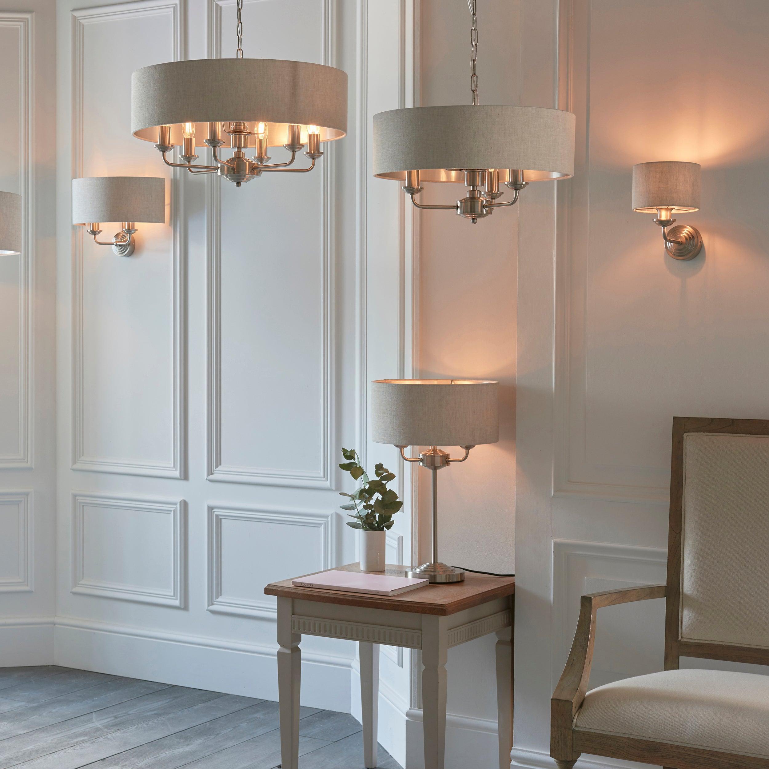 Highclere Brushed Chrome with Linen shade 3 Light Pendant-Ceiling Pendant Lights-Endon Lighting hallway lighting photo Tiffany Lighting Direct