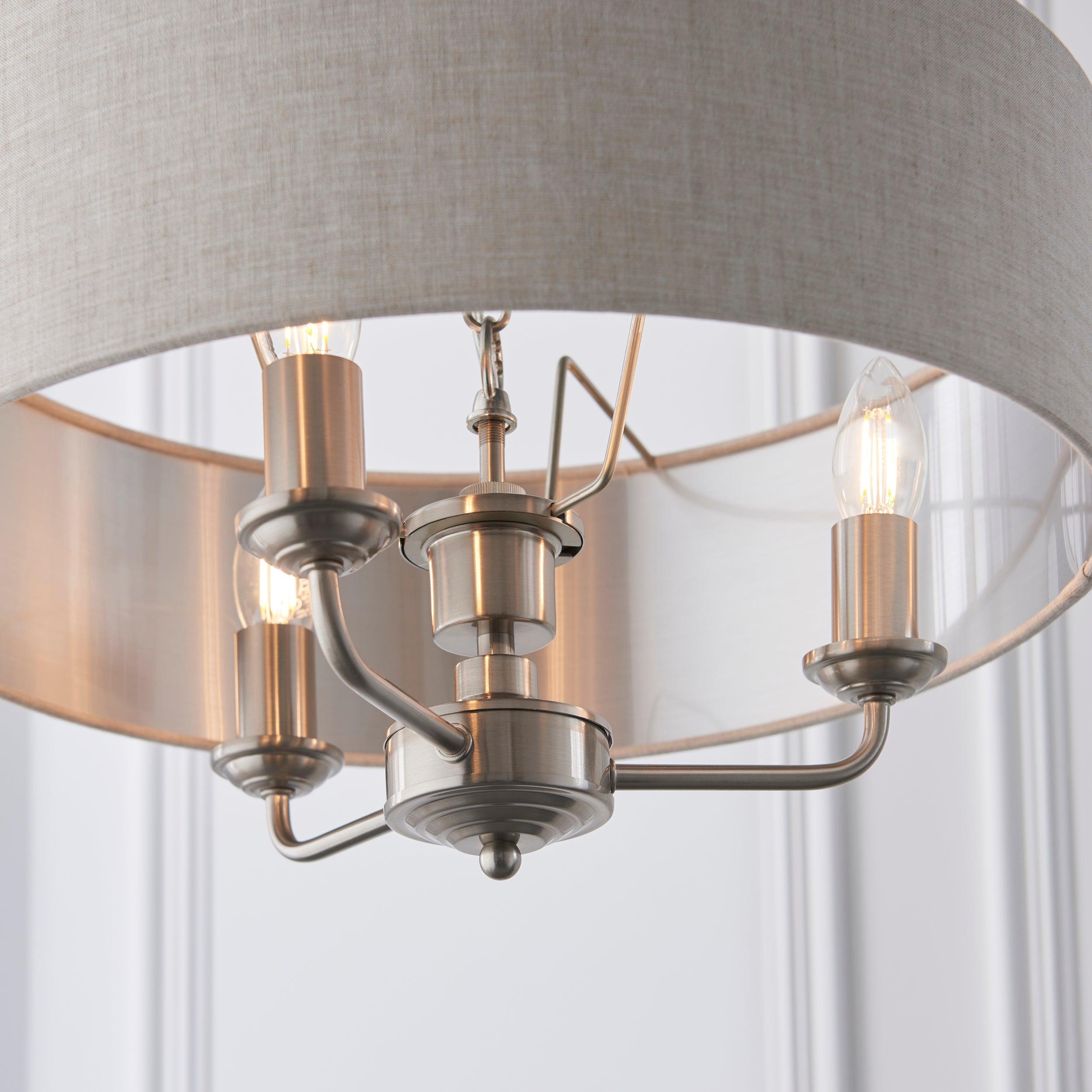 Highclere Brushed Chrome with Linen shade 3 Light Pendant-Ceiling Pendant Lights-Endon Lighting Hallway Lighting Close upTiffany Lighting Direct