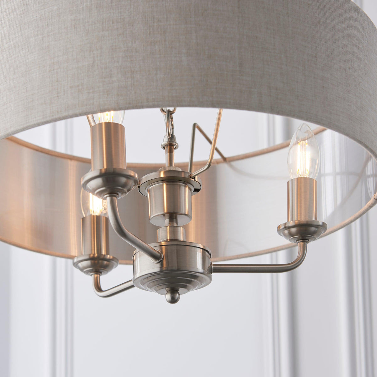 Endon Highclere Brushed Chrome 3 Light Pendant - Natural Linen Shade-OPEN-BOX-BSL-270826