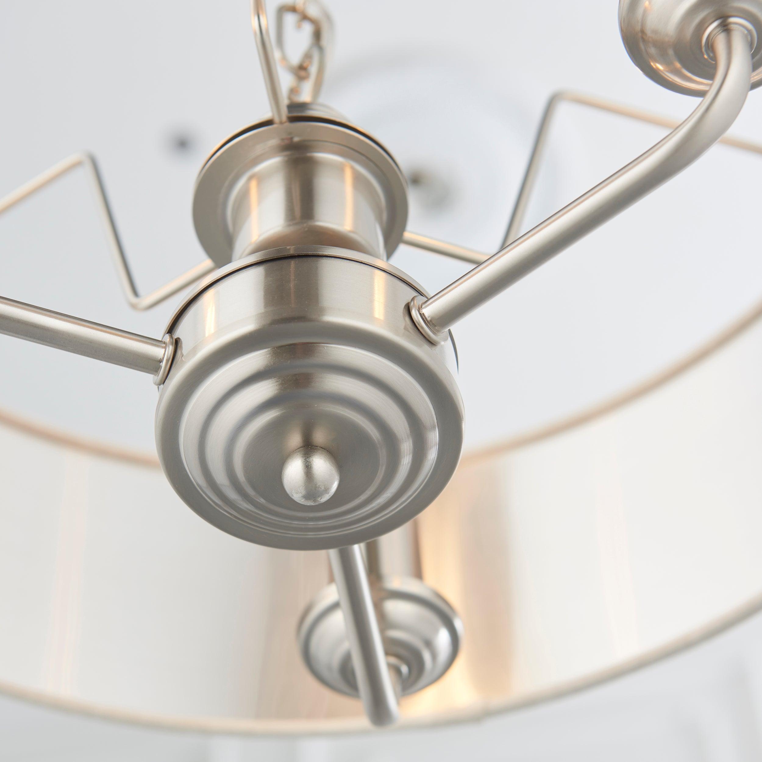 Highclere Brushed Chrome with Linen shade 3 Light Pendant-Ceiling Pendant Lights-Endon Lighting Bedrooom Lighting close up Tiffany Lighting Direct