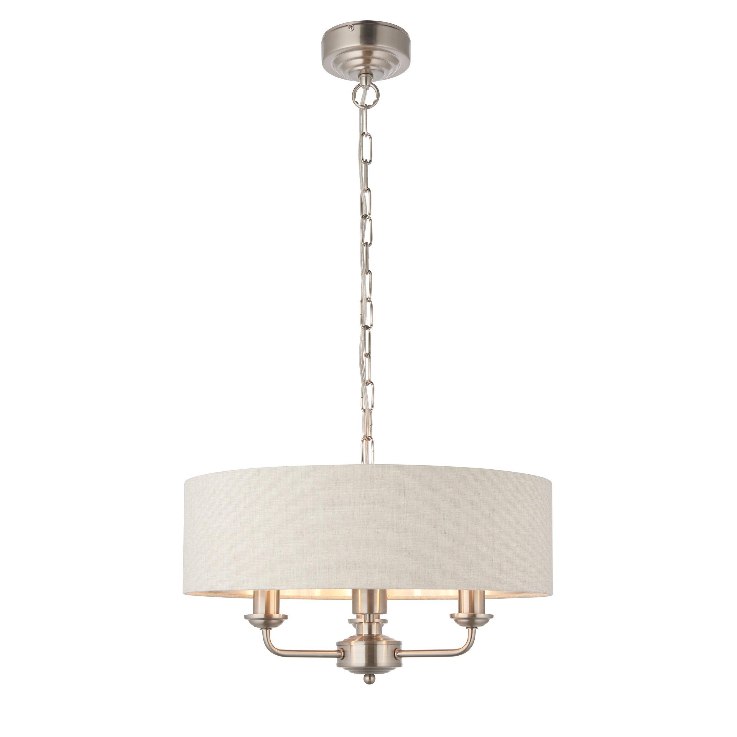 Highclere Brushed Chrome with Linen shade 3 Light Pendant-Ceiling Pendant Lights-Endon Lighting Bedrooom Lighting Wider ImageTiffany Lighting Direct