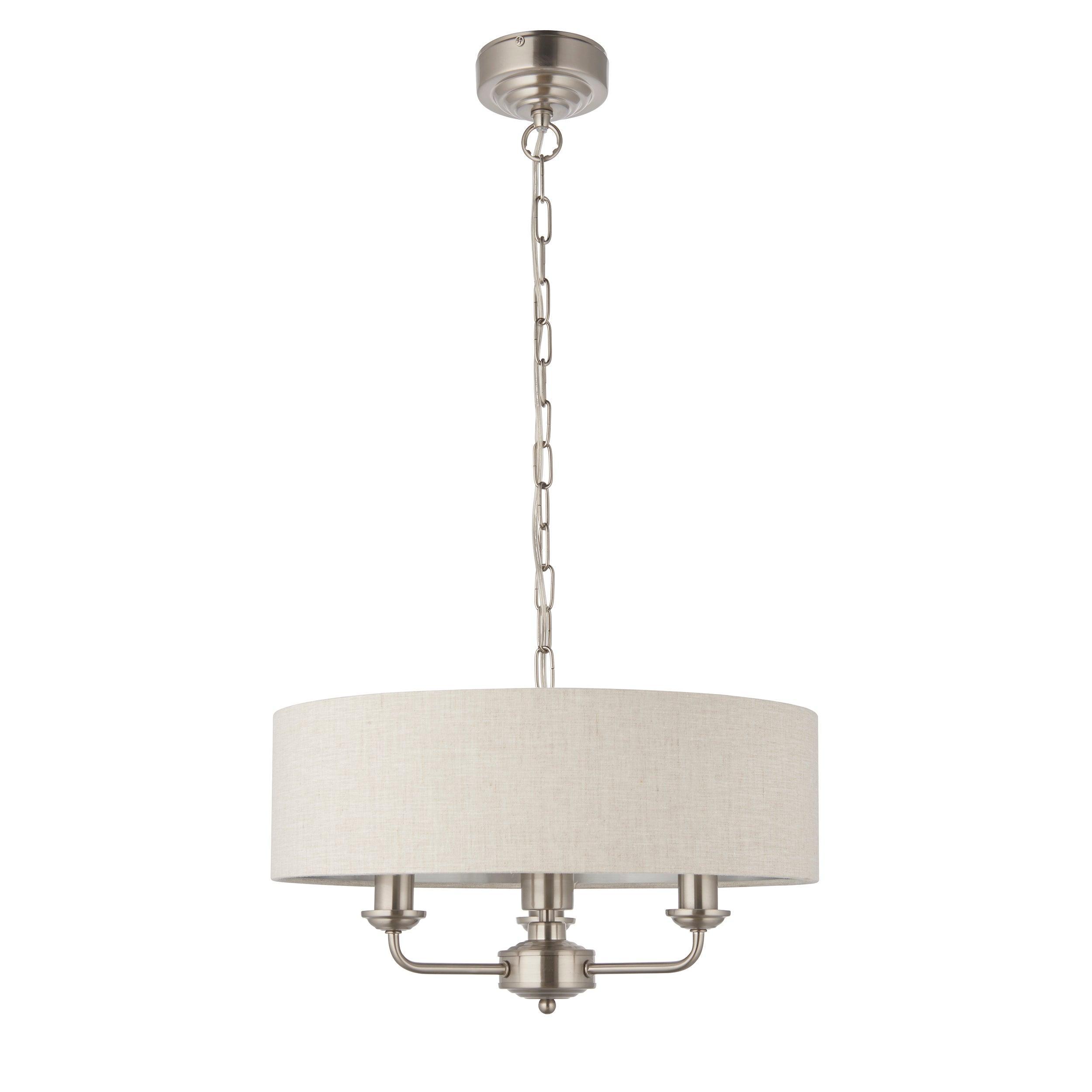 Highclere Brushed Chrome with Linen shade 3 Light Pendant-Ceiling Pendant Lights-Endon Lighting Living room light close up Tiffany Lighting Direct