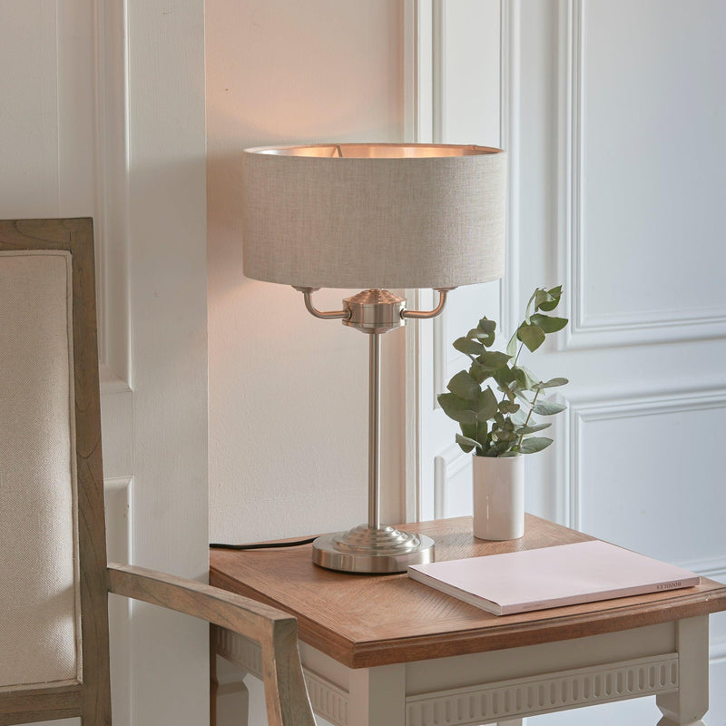 Highclere Bright Nickel & Linen Shade 3 Light Table Lamp-Endon Lighting-Living-Room-Tiffany Lighting Direct-[image-position]