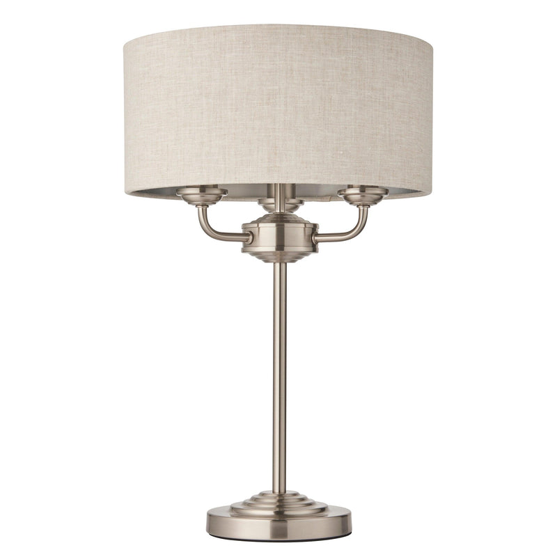 Highclere Bright Nickel & Linen Shade 3 Light Table Lamp-Endon Lighting-Living-Room-Tiffany Lighting Direct-[image-position]