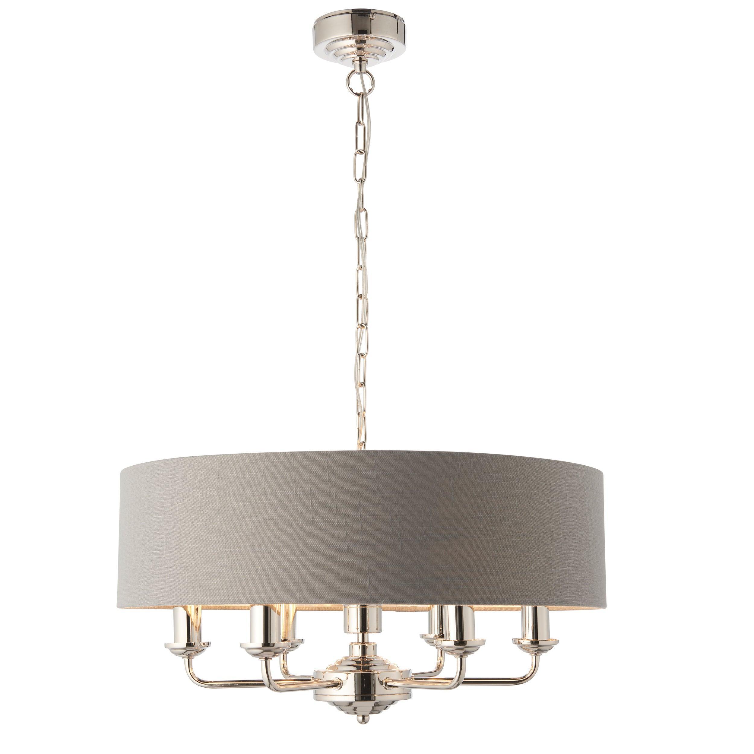 Highclere Bright Nickel & Charcoal Shade 6 Light Pendant-Ceiling Pendant Lights-Endon Lighting Bedrooom Lighting Wide ImageTiffany Lighting Direct
