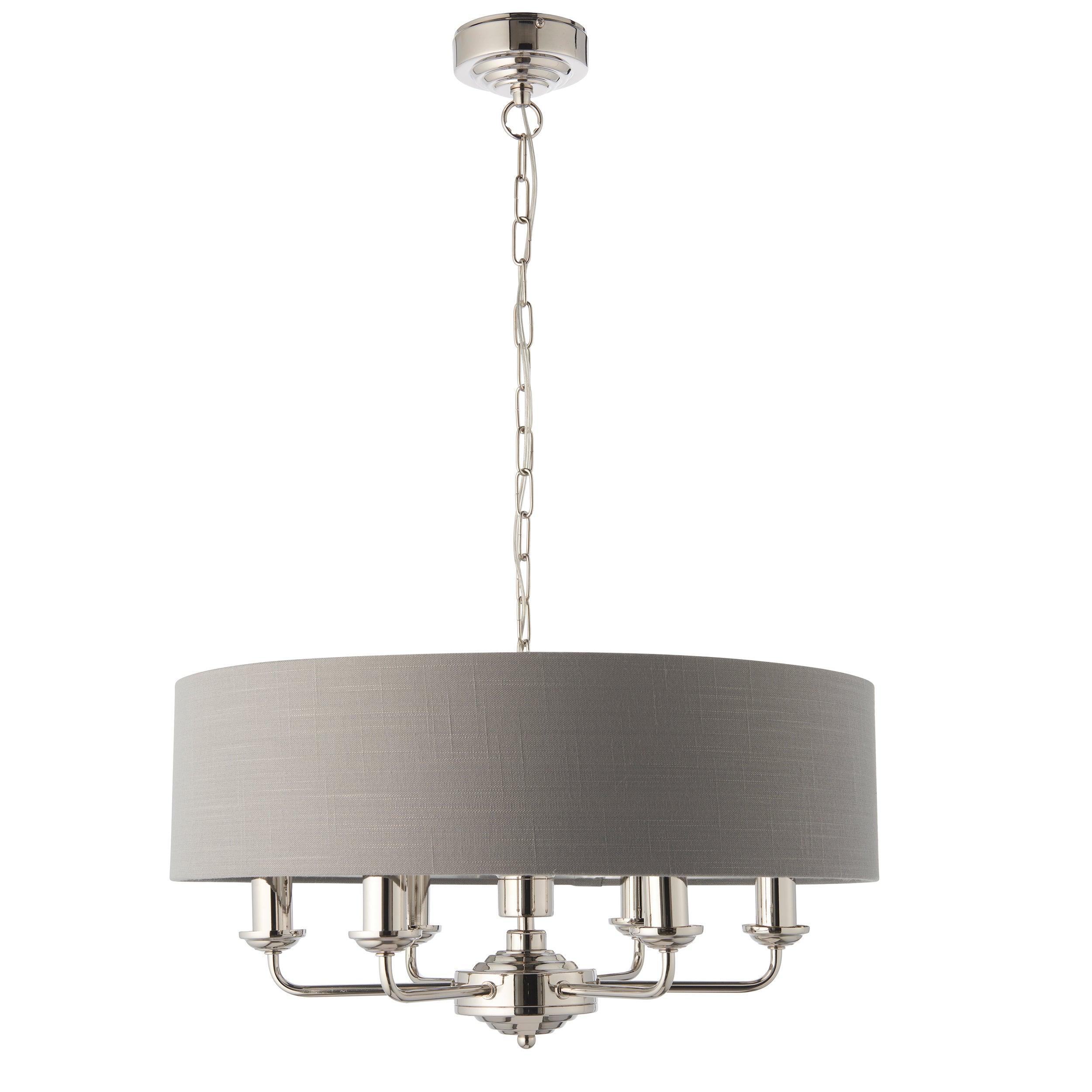 Highclere Bright Nickel & Charcoal Shade 6 Light Pendant-Ceiling Pendant Lights-Endon Lighting Bedrooom Lighting Wider ImageTiffany Lighting Direct