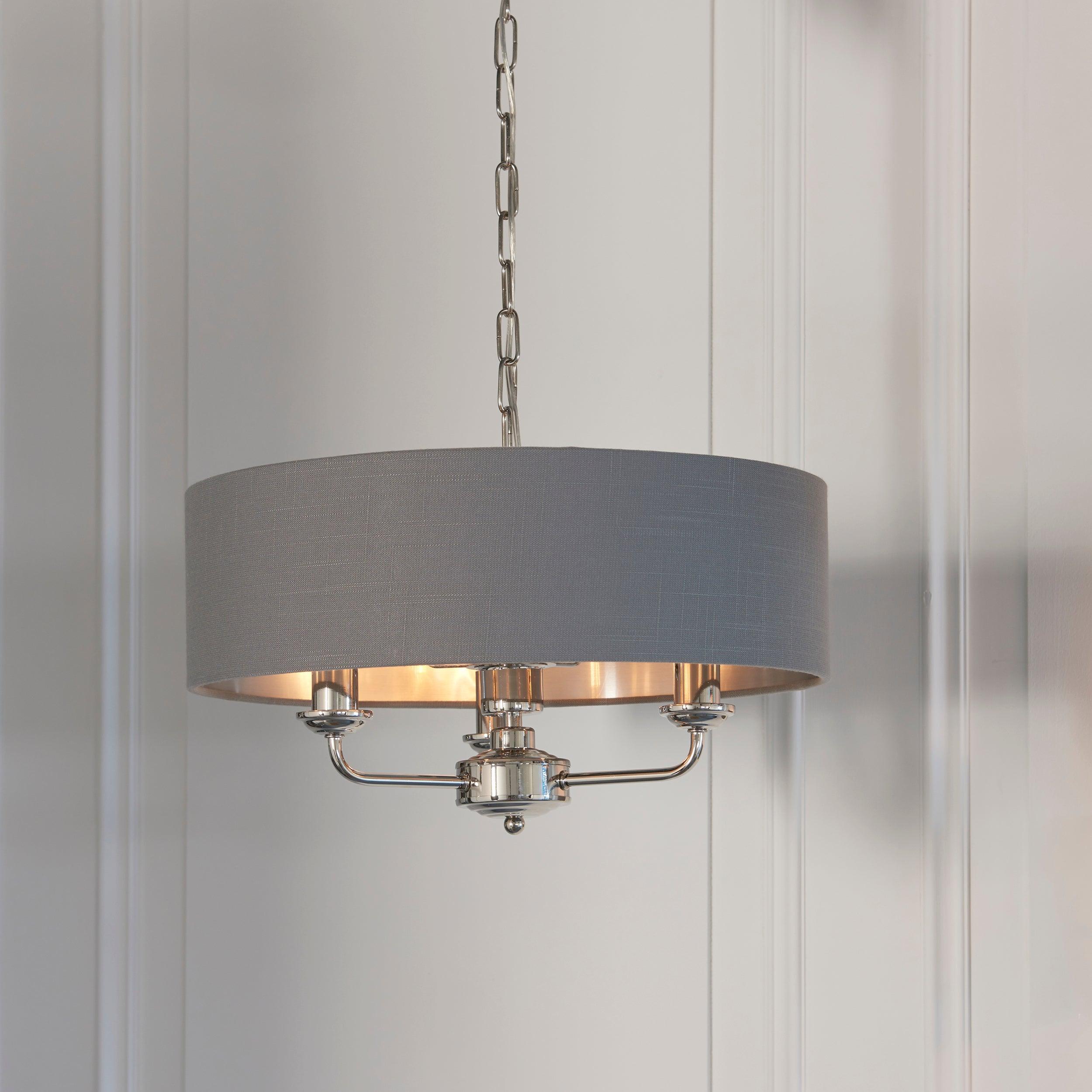 Highclere Bright Nickel & Charcoal Shade 3 Light Pendant-Ceiling Pendant Lights-Endon Lighting Living Room Close Up Lighting Tiffany Lighting Direct