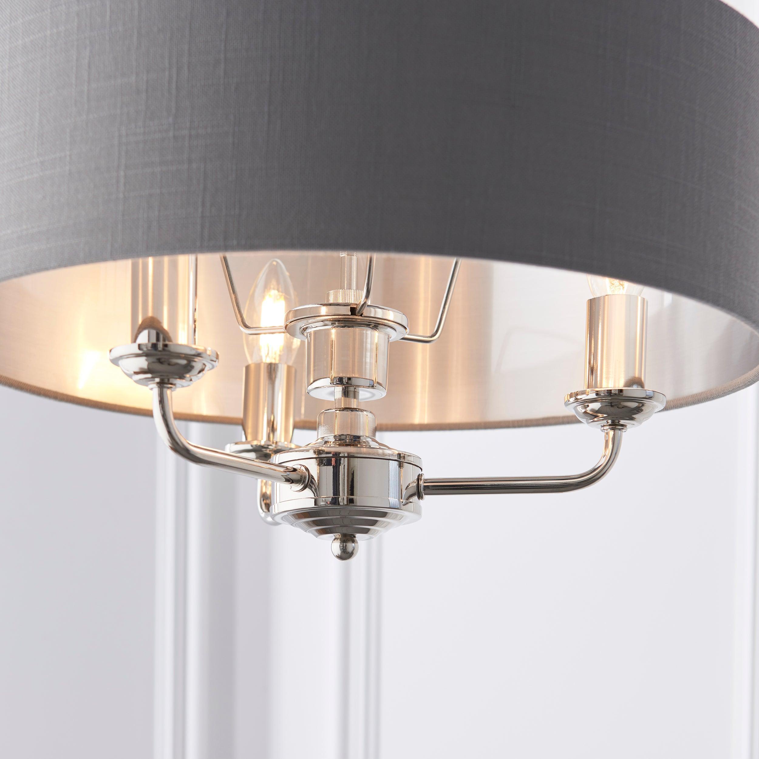 Highclere Bright Nickel & Charcoal Shade 3 Light Pendant-Ceiling Pendant Lights-Endon Lighting living room close. up unlit Tiffany Lighting Direct