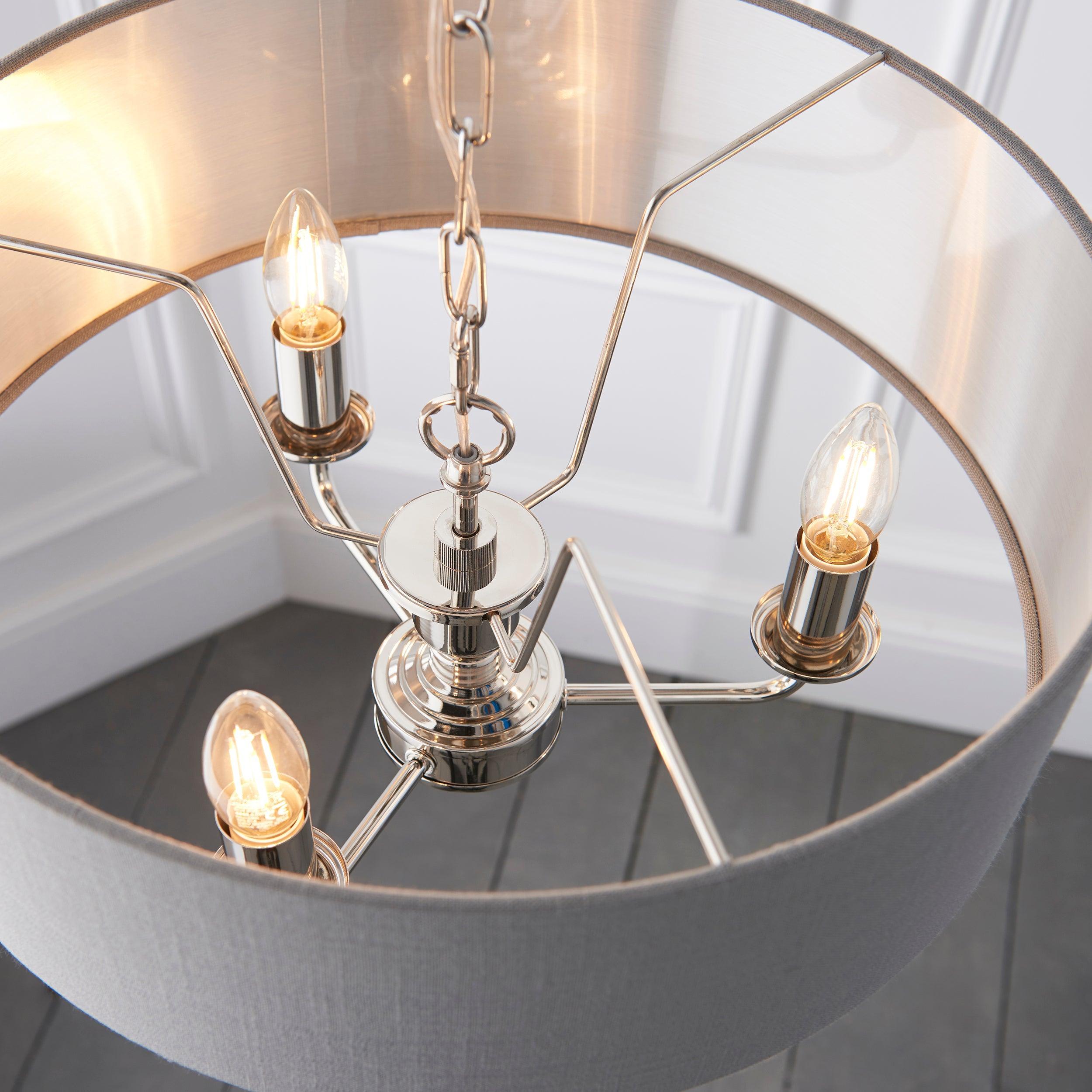 Highclere Bright Nickel & Charcoal Shade 3 Light Pendant-Ceiling Pendant Lights-Endon Lighting Hallway Lighting Close upTiffany Lighting Direct