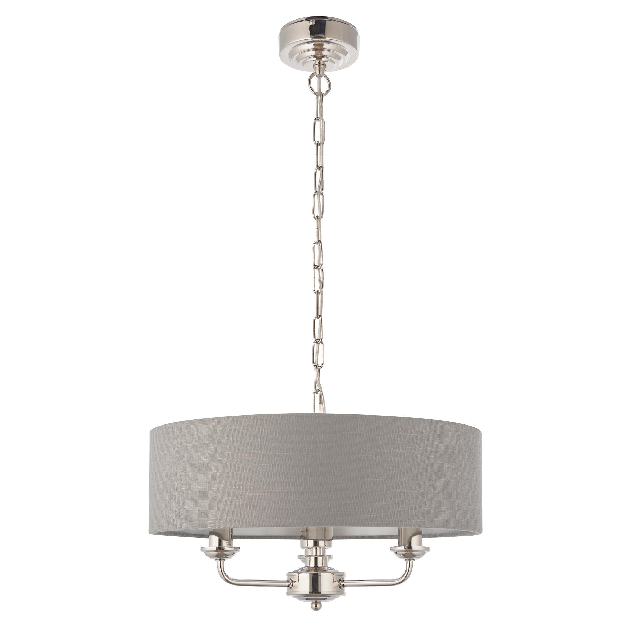 Highclere Bright Nickel & Charcoal Shade 3 Light Pendant-Ceiling Pendant Lights-Endon Lighting Bedrooom Lighting Wide ImageTiffany Lighting Direct