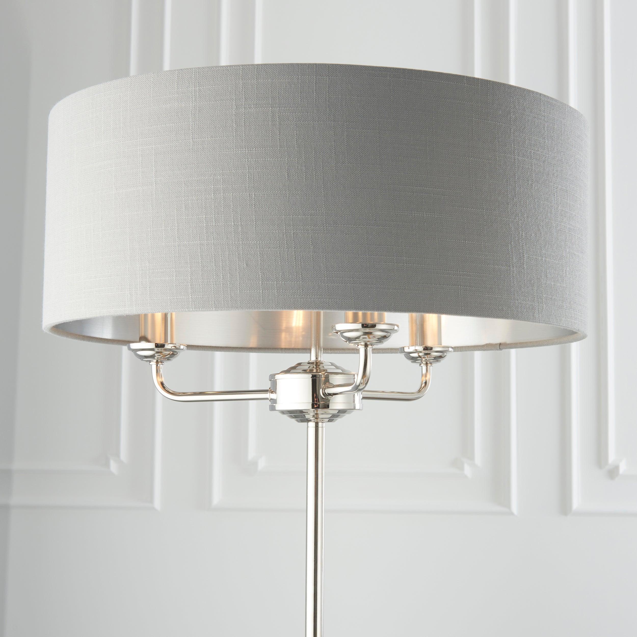 highclere bright nickel floor lamp charcoal shade by Endon Lighting Bedroom Hero Shot