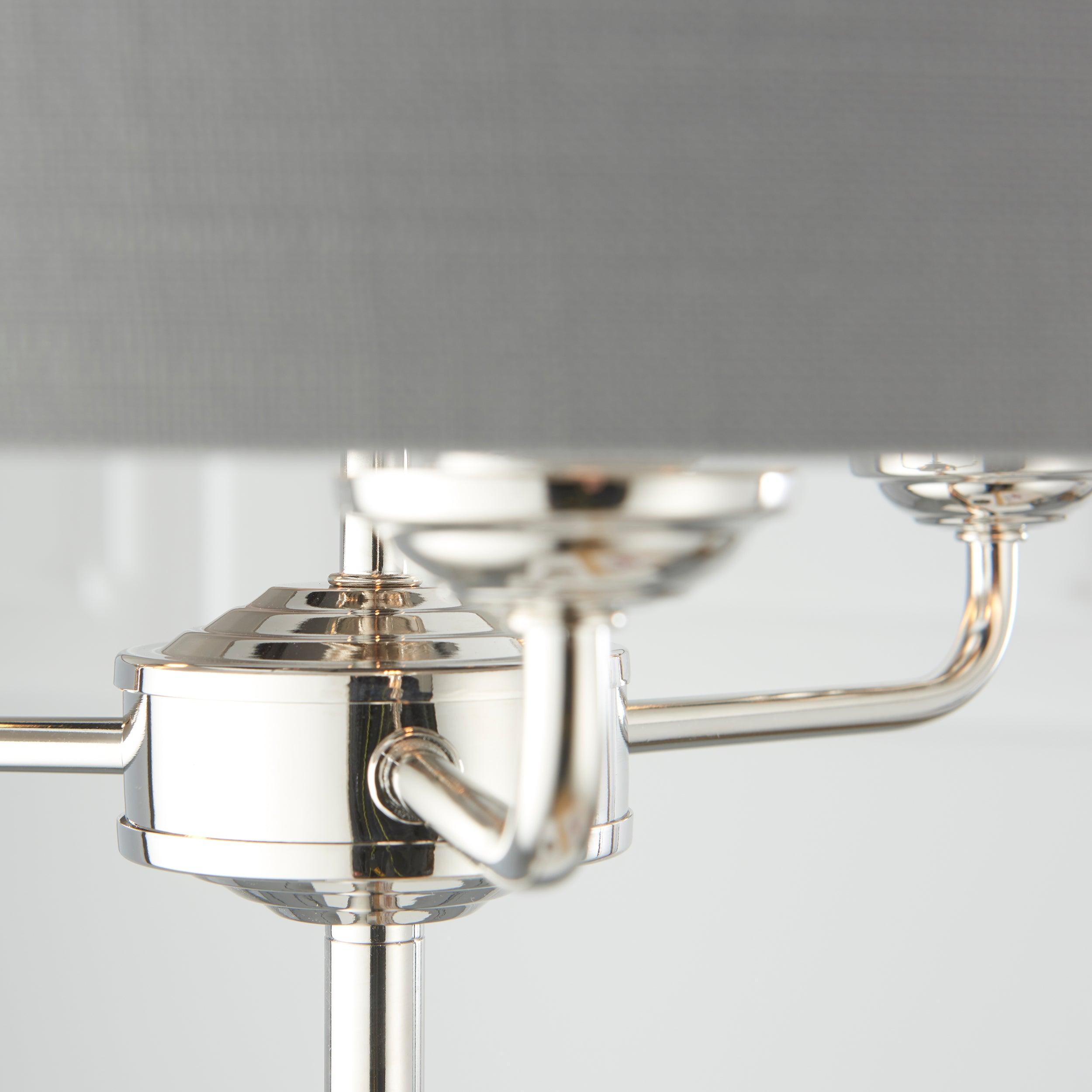 highclere bright nickel floor lamp charcoal shade by Endon Lighting Bedroom Close Up Image