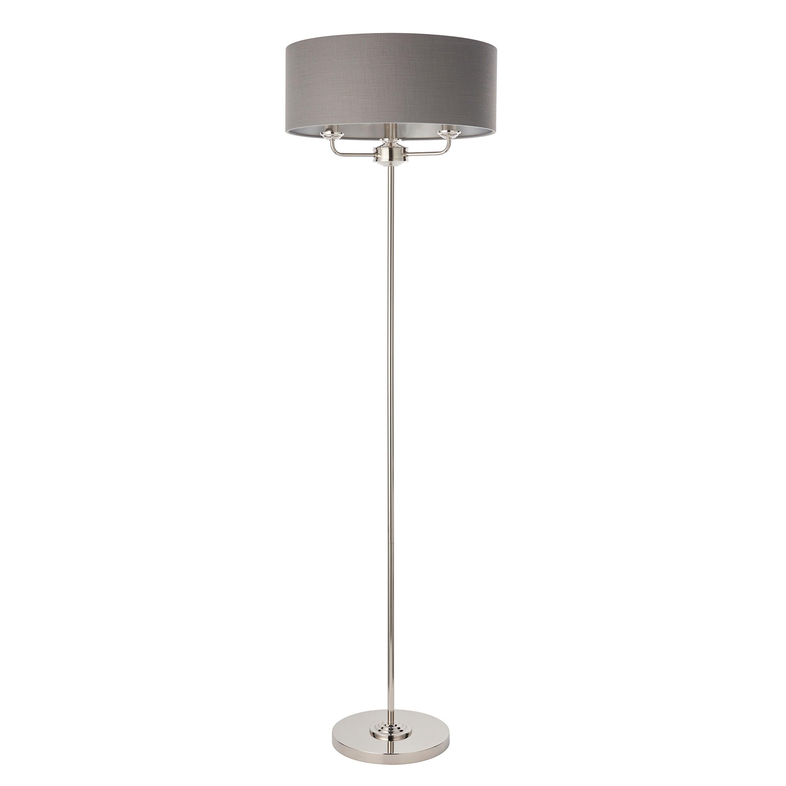 highclere bright nickel floor lamp charcoal shade by Endon Lighting Dining Room Close Up Image