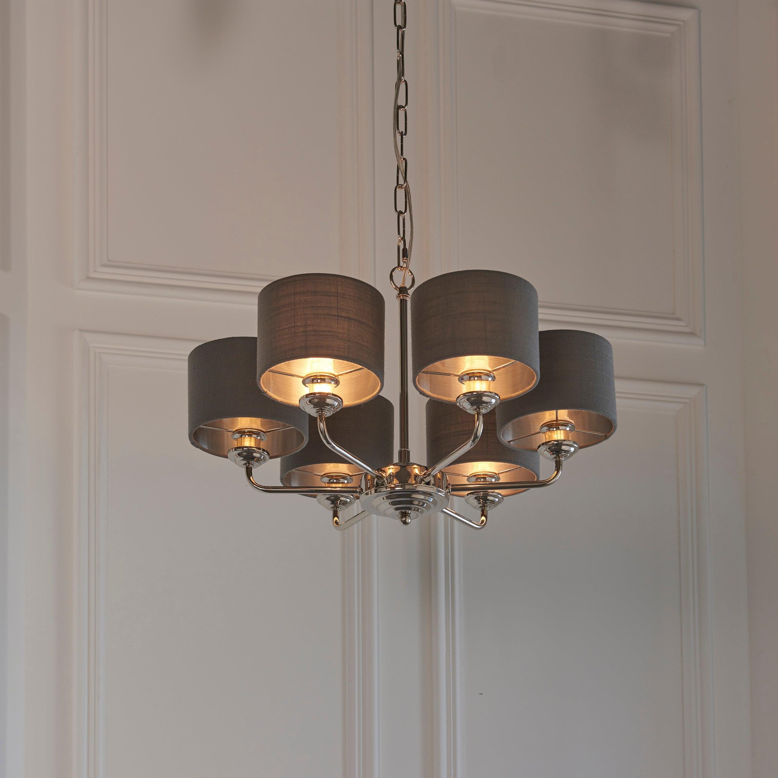 Highclere Bright Nickel and Charcoal Shades 6 Light Pendant-Ceiling Pendant Lights-Endon Lighting living room close. up unlit Tiffany Lighting Direct