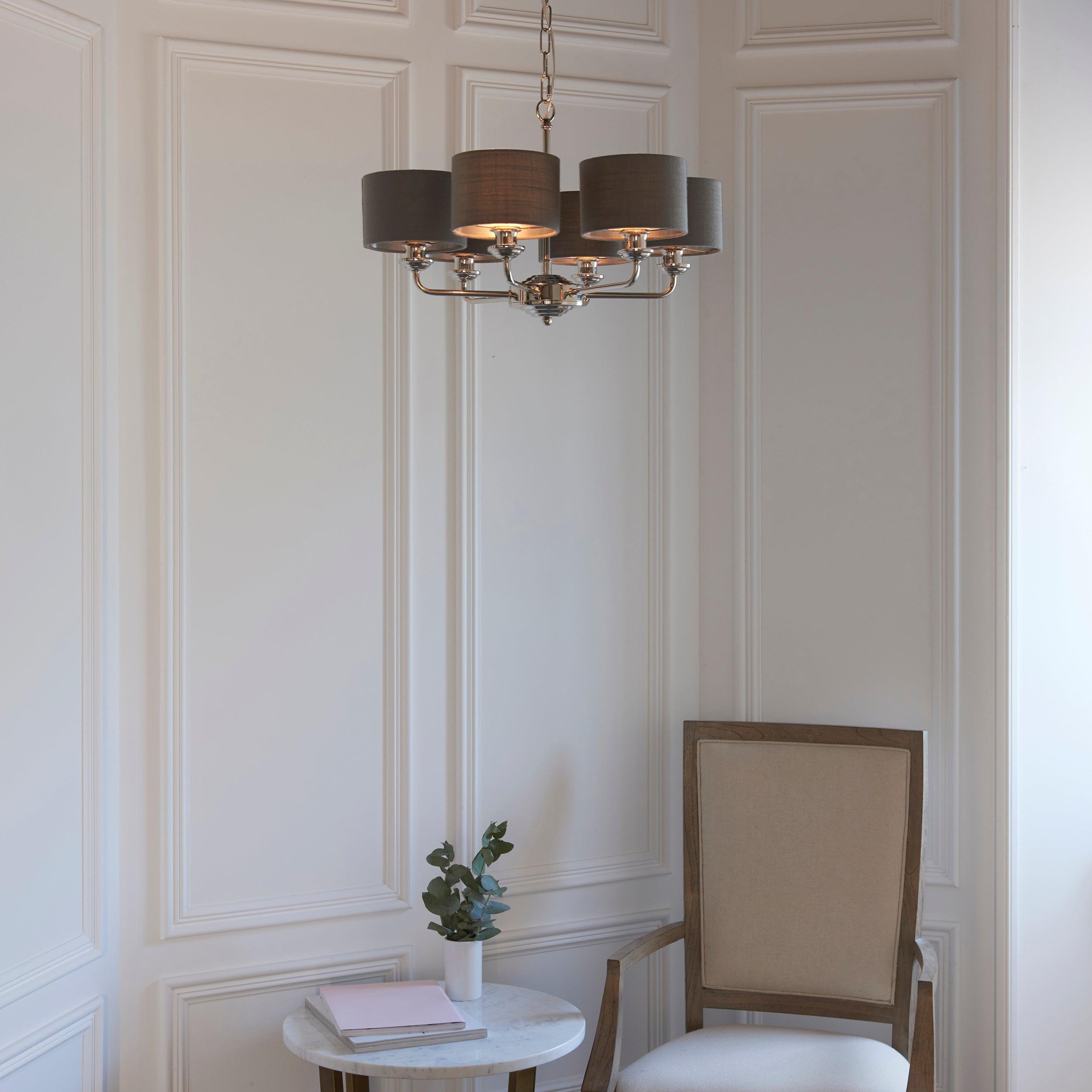 Highclere Bright Nickel and Charcoal Shades 6 Light Pendant-Ceiling Pendant Lights-Endon Lighting Living Room Close Up Lighting Tiffany Lighting Direct