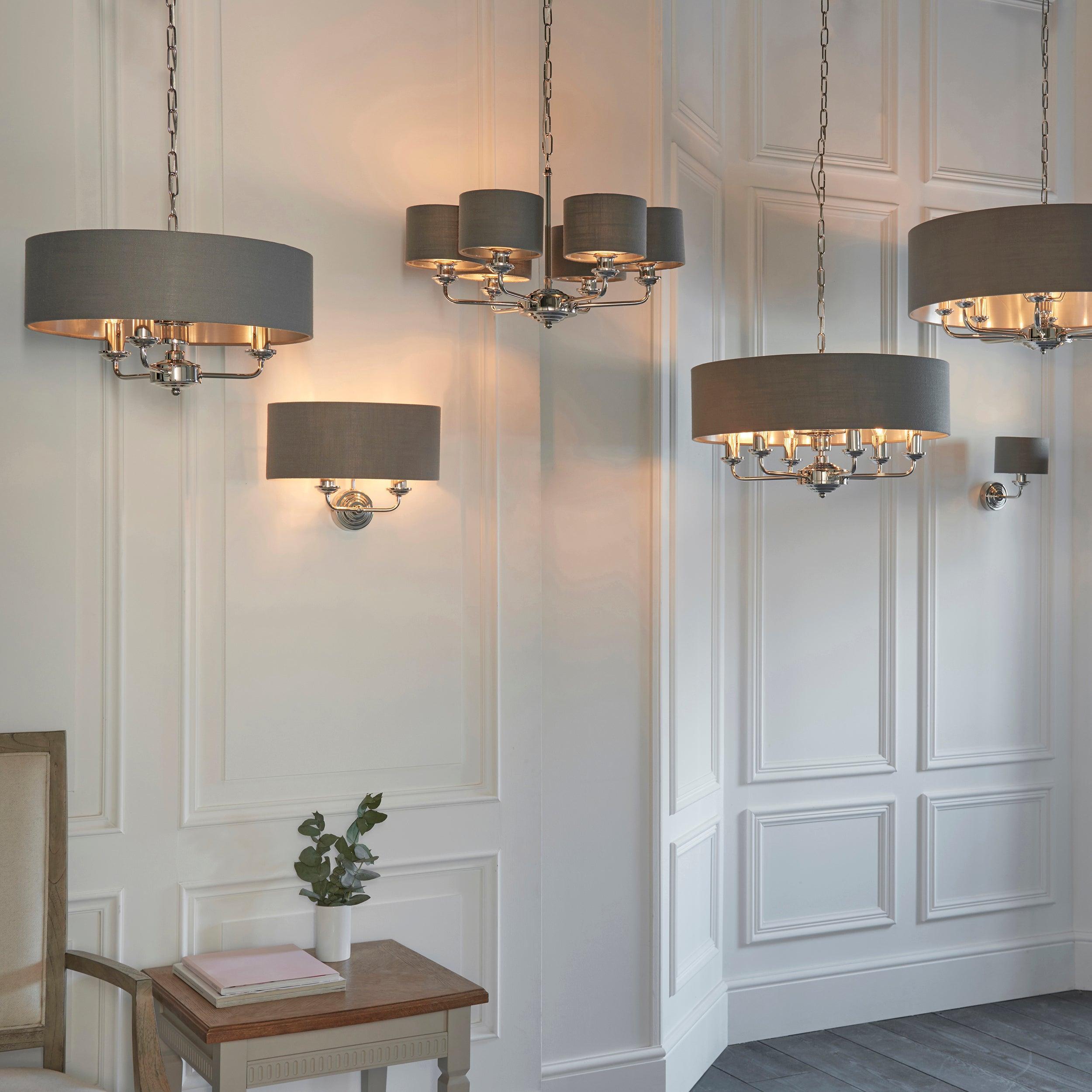 Highclere Bright Nickel and Charcoal Shades 6 Light Pendant-Ceiling Pendant Lights-Endon Lighting hallway lighting photo Tiffany Lighting Direct