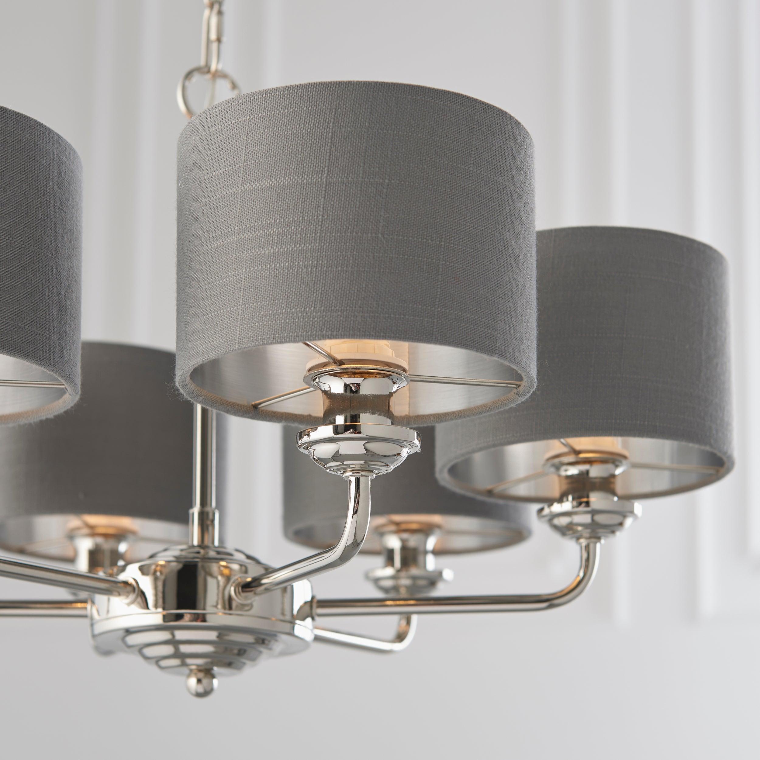 Highclere Bright Nickel and Charcoal Shades 6 Light Pendant-Ceiling Pendant Lights-Endon Lighting Hallway Lighting Close upTiffany Lighting Direct