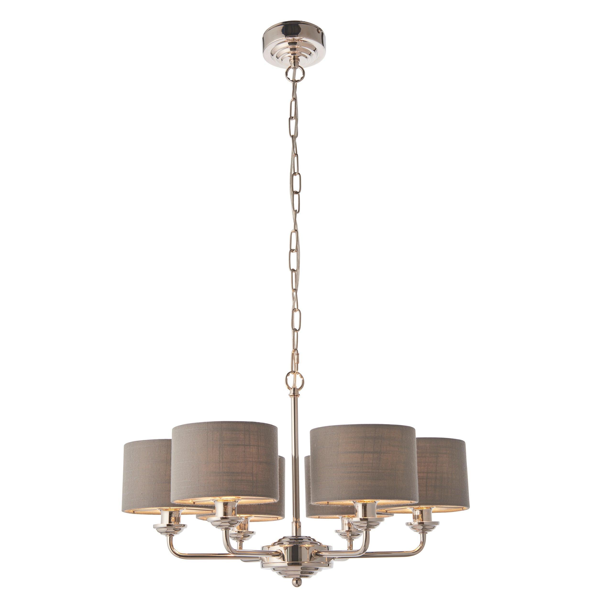 Highclere Bright Nickel and Charcoal Shades 6 Light Pendant-Ceiling Pendant Lights-Endon Lighting Bedrooom Lighting Wider ImageTiffany Lighting Direct