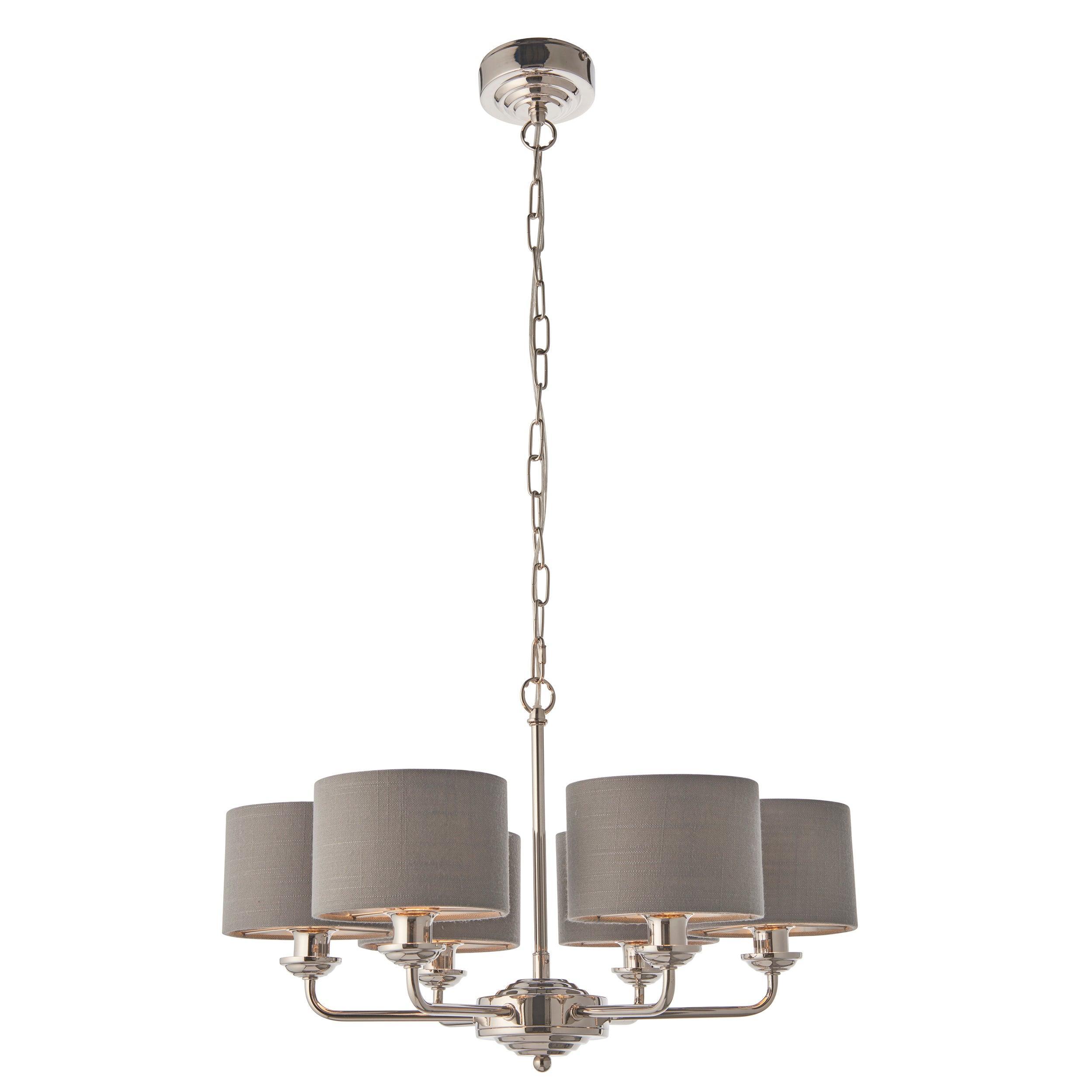 Highclere Bright Nickel and Charcoal Shades 6 Light Pendant-Ceiling Pendant Lights-Endon Lighting Living room light close up Tiffany Lighting Direct