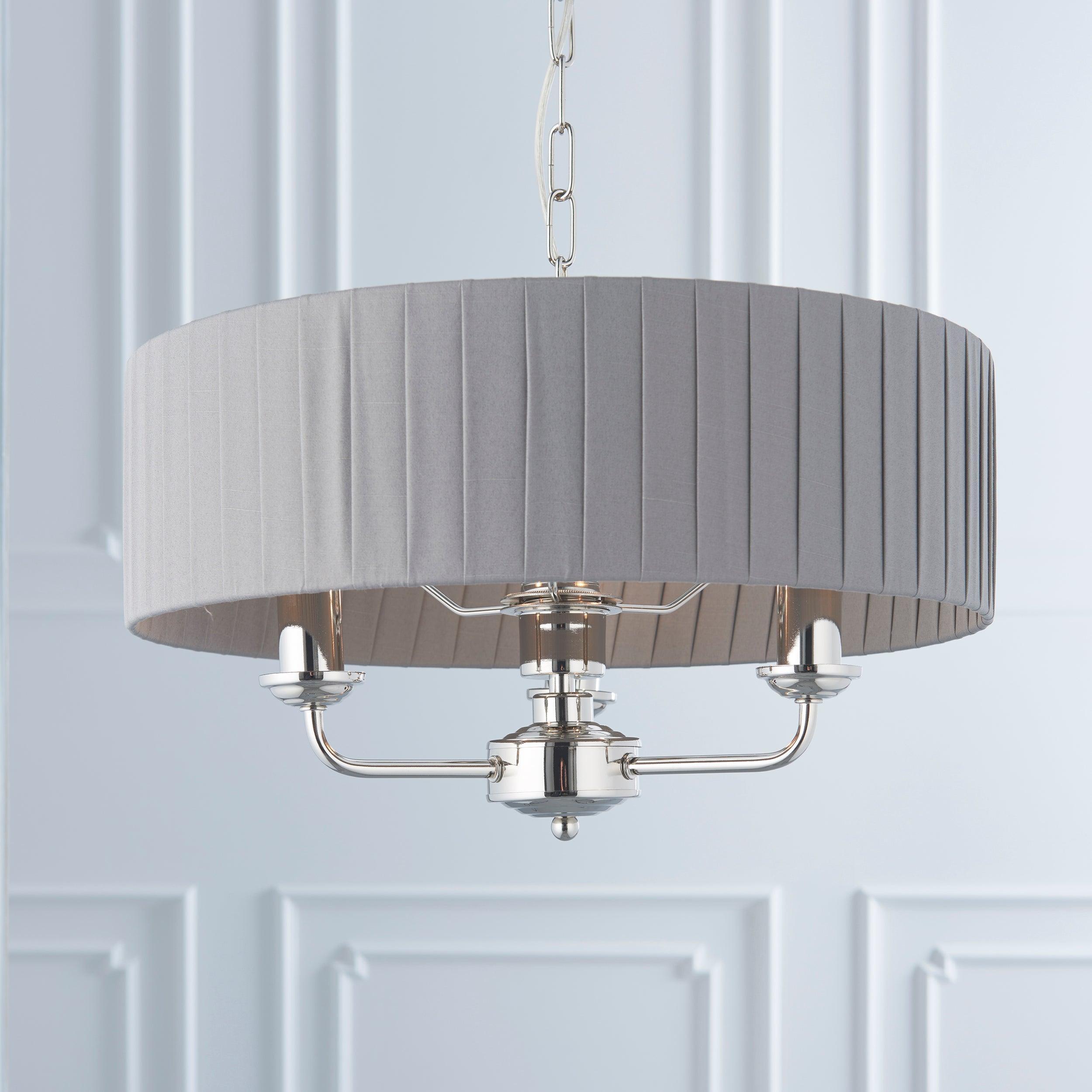 Highclere Nickel 3 Light Pendant With Charcoal Pleated Shade-Ceiling Pendant Lights-Endon Lighting living room close. up unlit Tiffany Lighting Direct