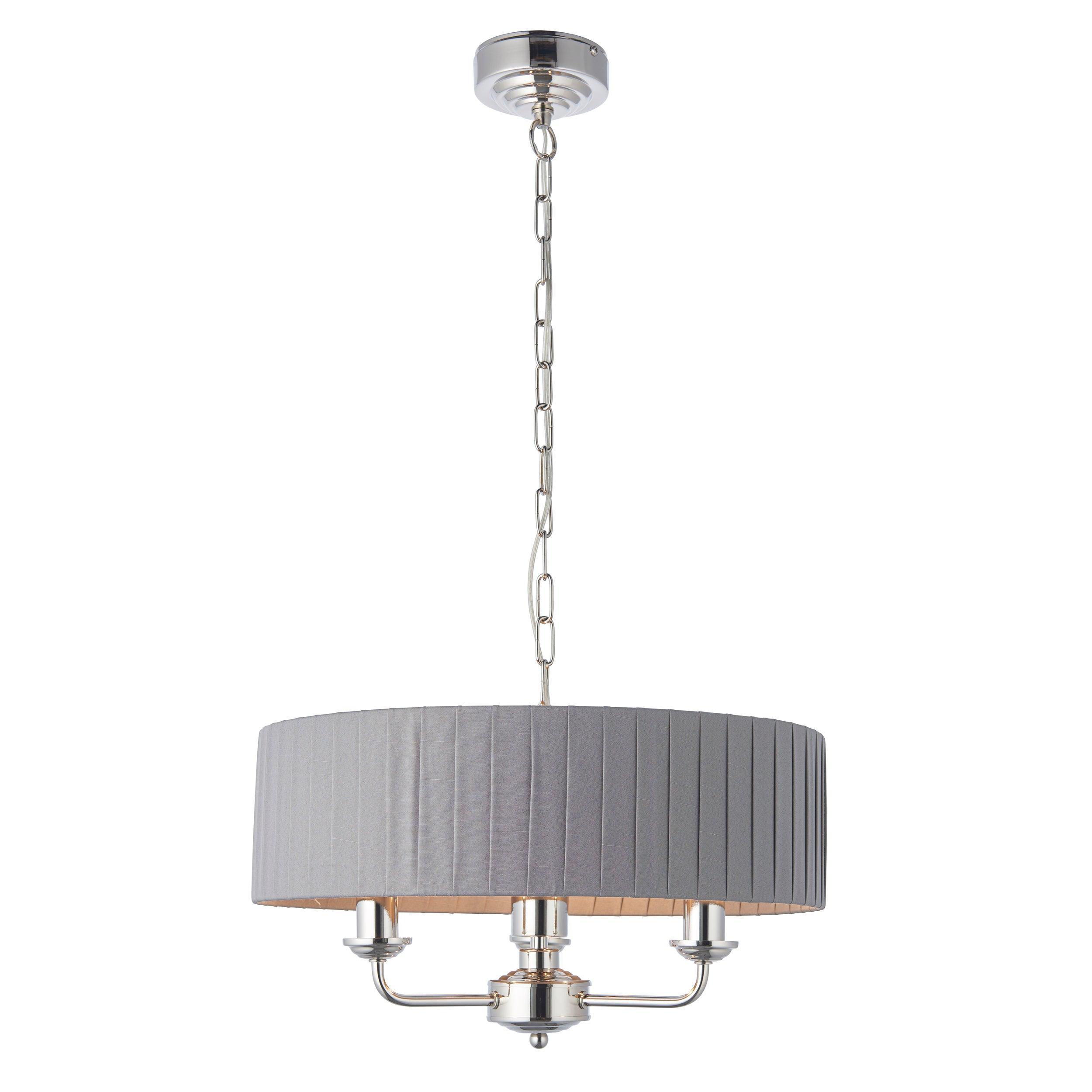 Highclere Nickel 3 Light Pendant With Charcoal Pleated Shade-Ceiling Pendant Lights-Endon Lighting Bedrooom Lighting close up Tiffany Lighting Direct