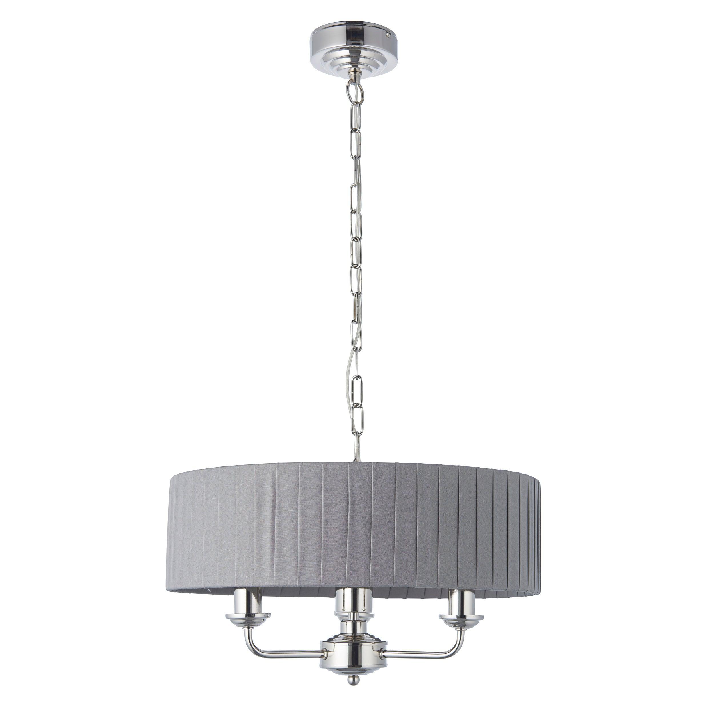 Highclere Nickel 3 Light Pendant With Charcoal Pleated Shade-Ceiling Pendant Lights-Endon Lighting Bedrooom Lighting Wide ImageTiffany Lighting Direct