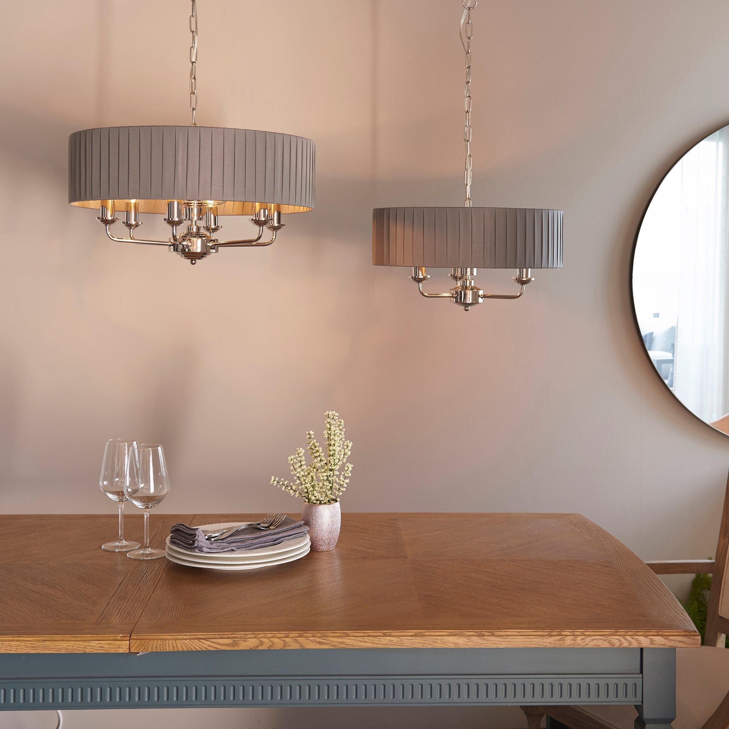 Endon Highclere Nickel 6 Light Pendant With Charcoal Shade-Ceiling Pendant Lights-Endon Lighting living room close. up unlit Tiffany Lighting Direct